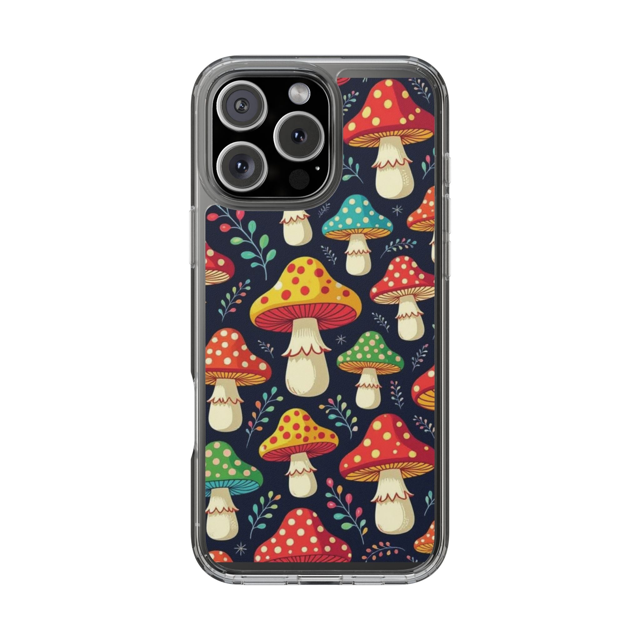 Phone Case: Mushroom Pattern Clear Phone Case — Colorful Toadstool Floral Design