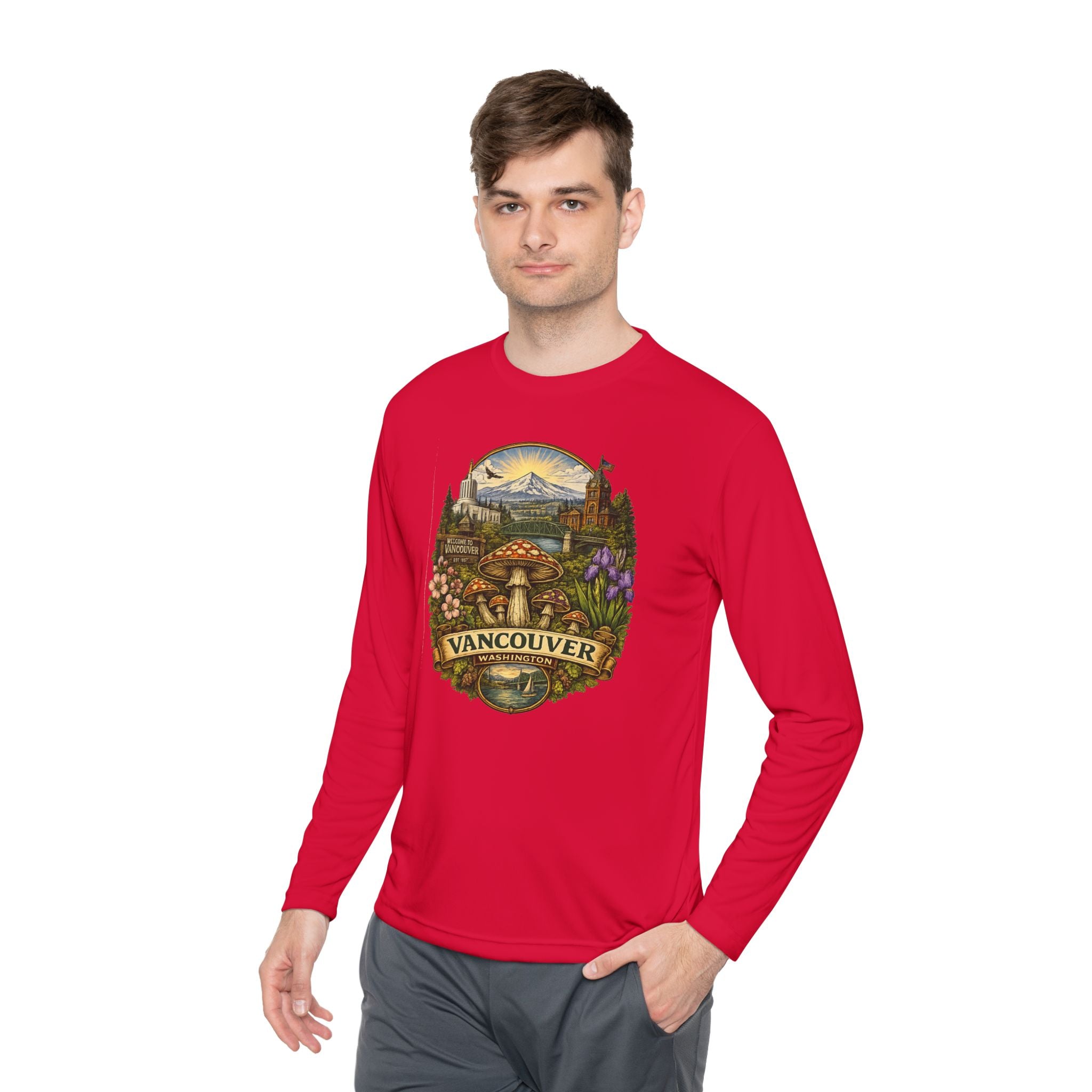 Vancouver Nature Long Sleeve Tee — Scenic Mountains & Mushroom Art