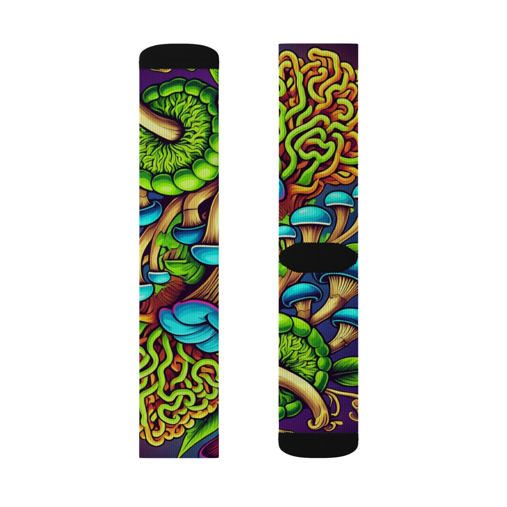Socks: Psychedelic Mushroom Socks — Vibrant Green Fungi Sublimation Crew Socks