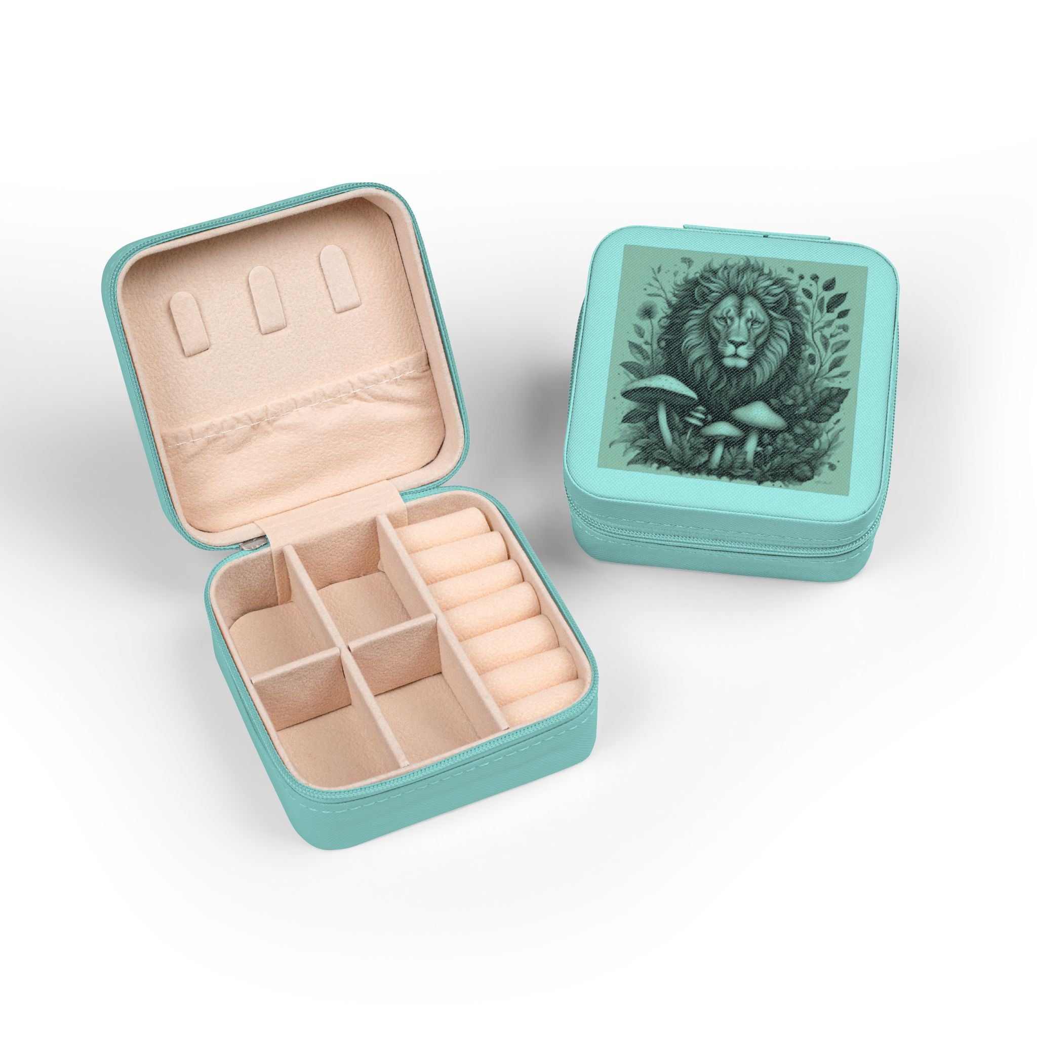 Lion & Mushrooms Jewelry Travel Case — Compact Organizer for Rings, Earrings & Necklaces