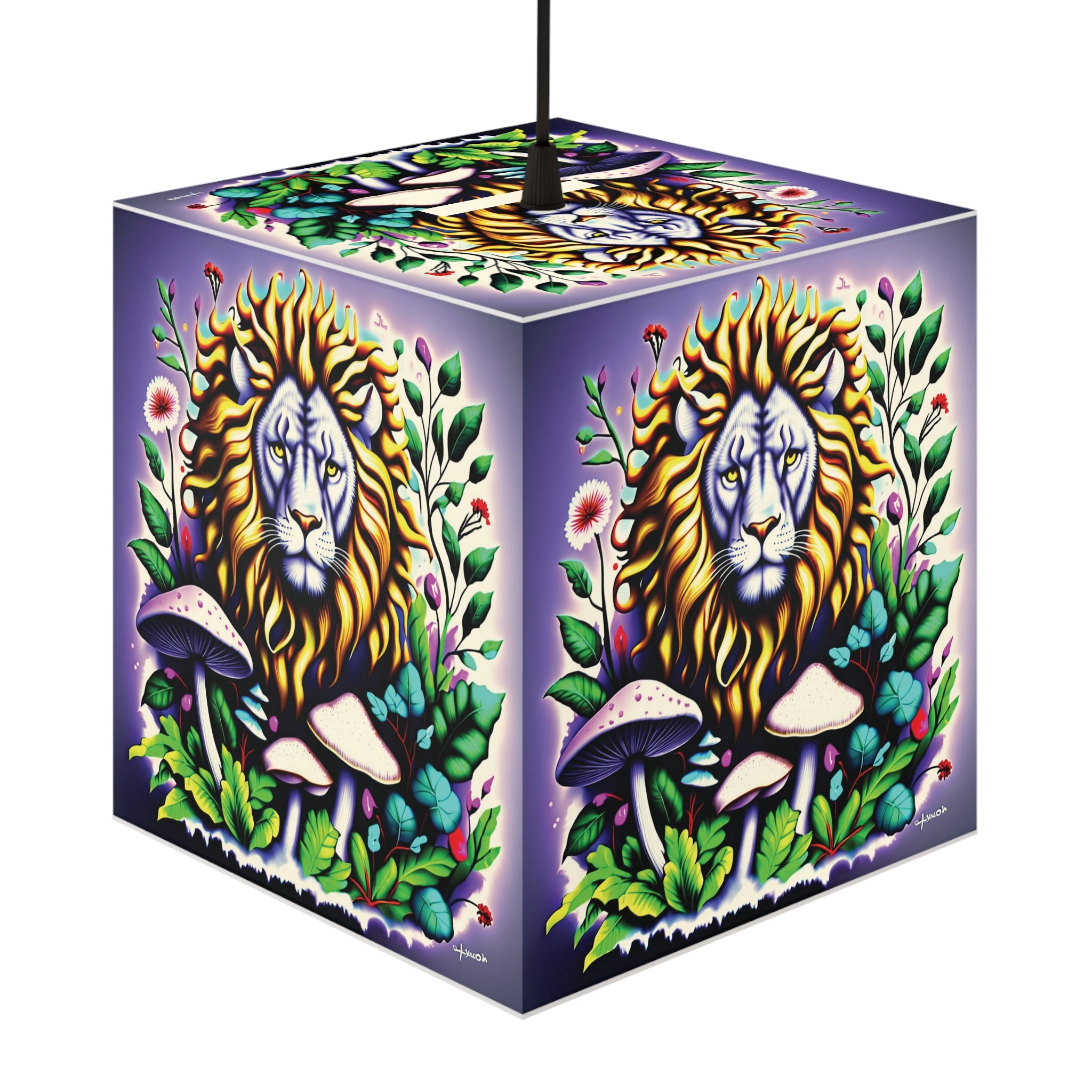 Lion & Mushroom Garden Light Cube Lamp – Botanical Night Light for Home Decor