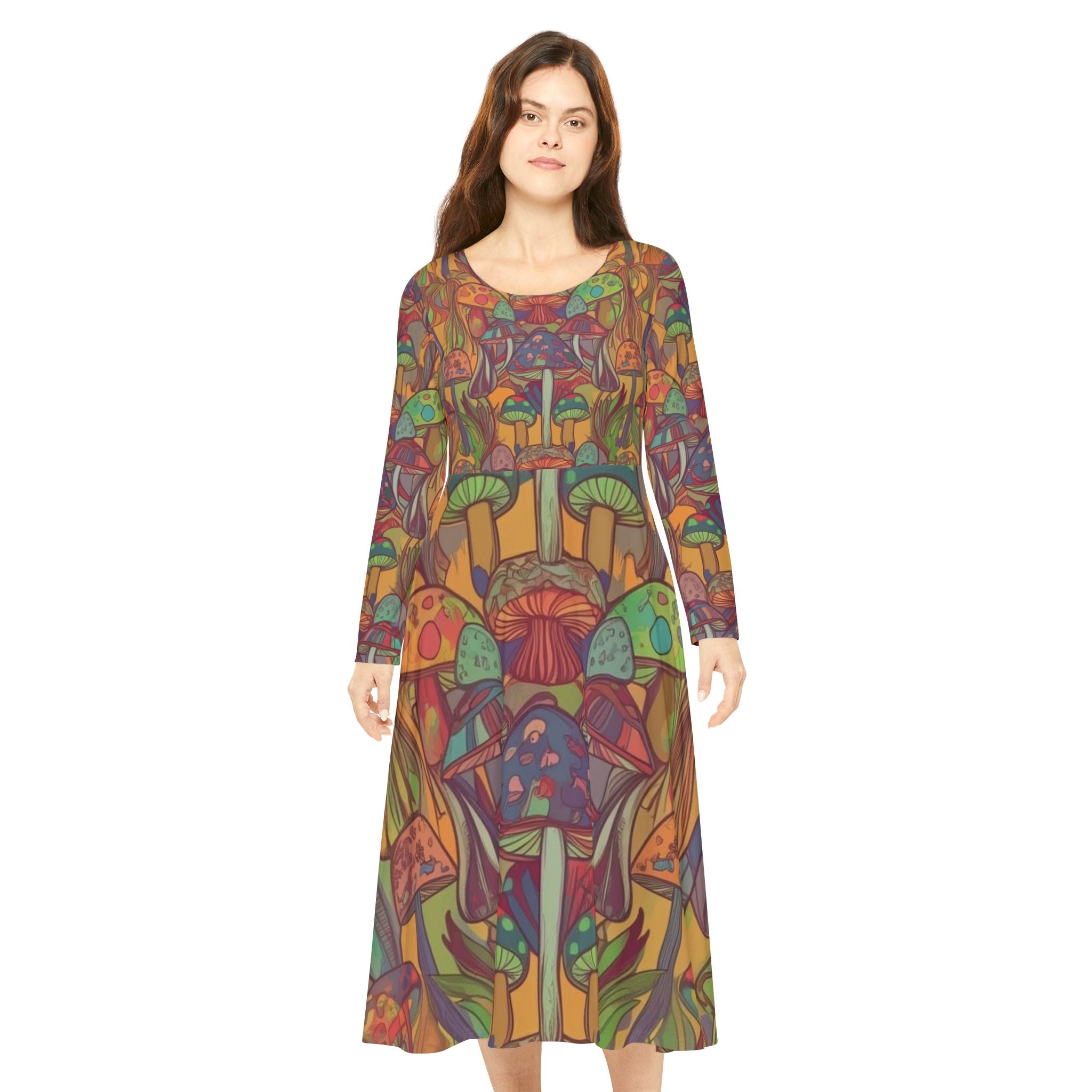 Mushroom Forest Long Sleeve Dance Dress — Psychedelic Boho Floral AOP
