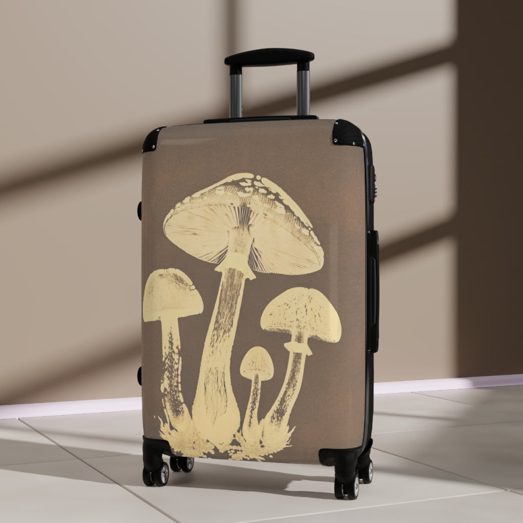 Mushroom Illustration Suitcase — Vintage Botanical Carry-On Luggage