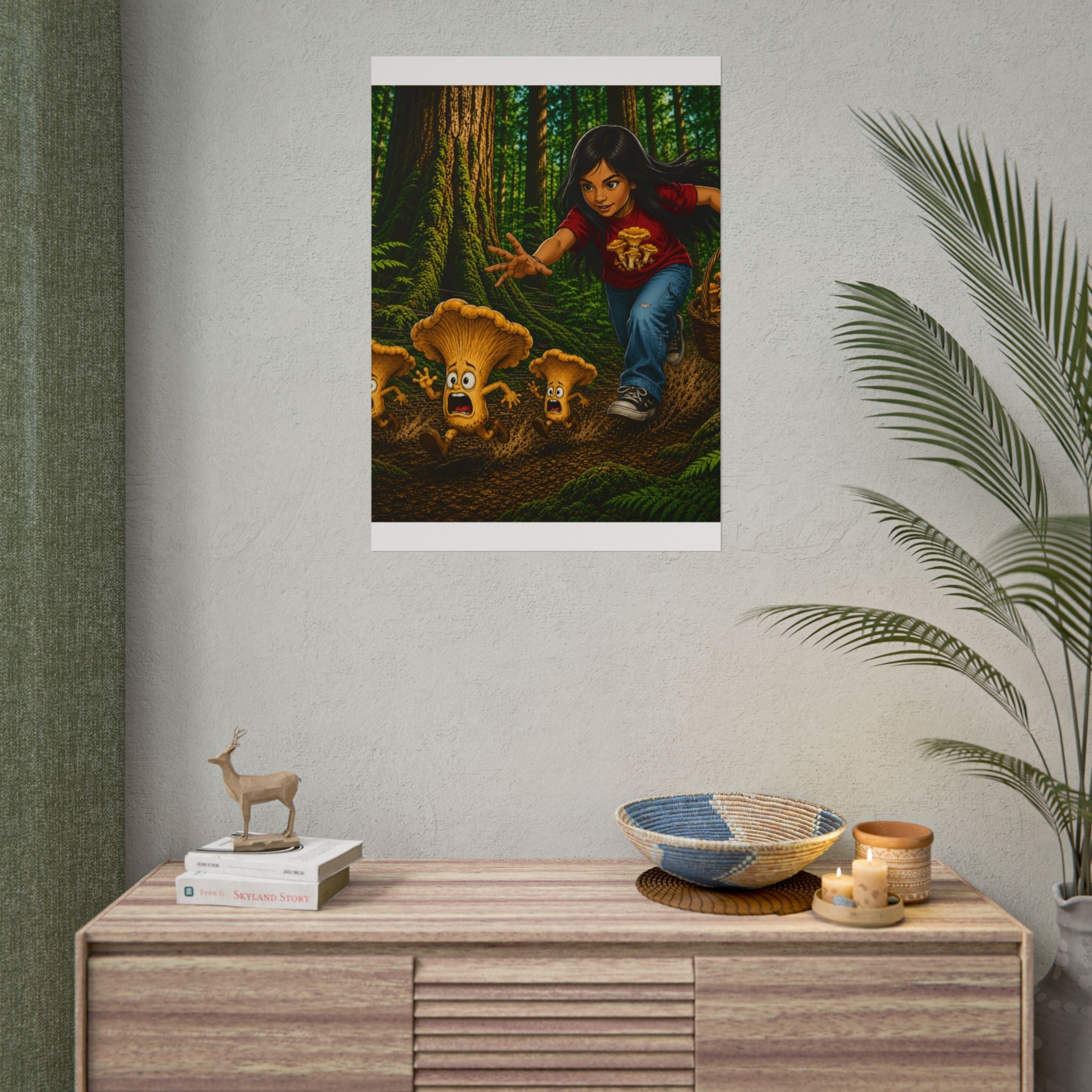 Rolled Poster: Girl Chasing Animated Mushrooms Forest Art Print