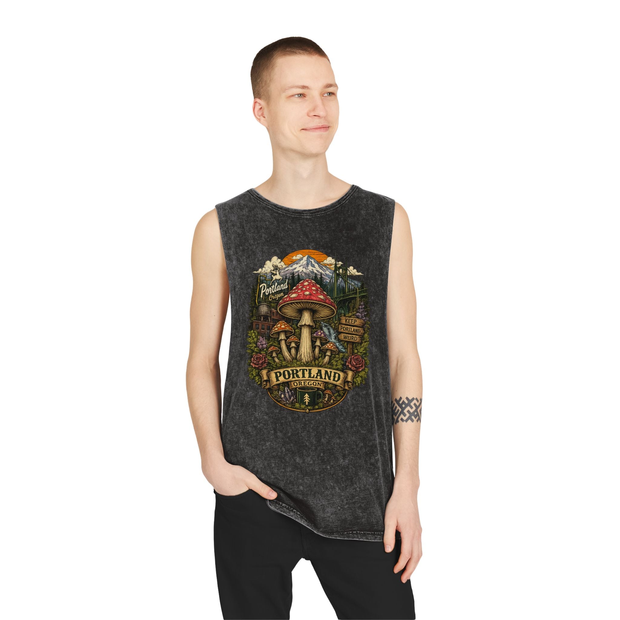 Portland Mushroom Graphic Tank — Stonewash Vintage Nature Tank Top