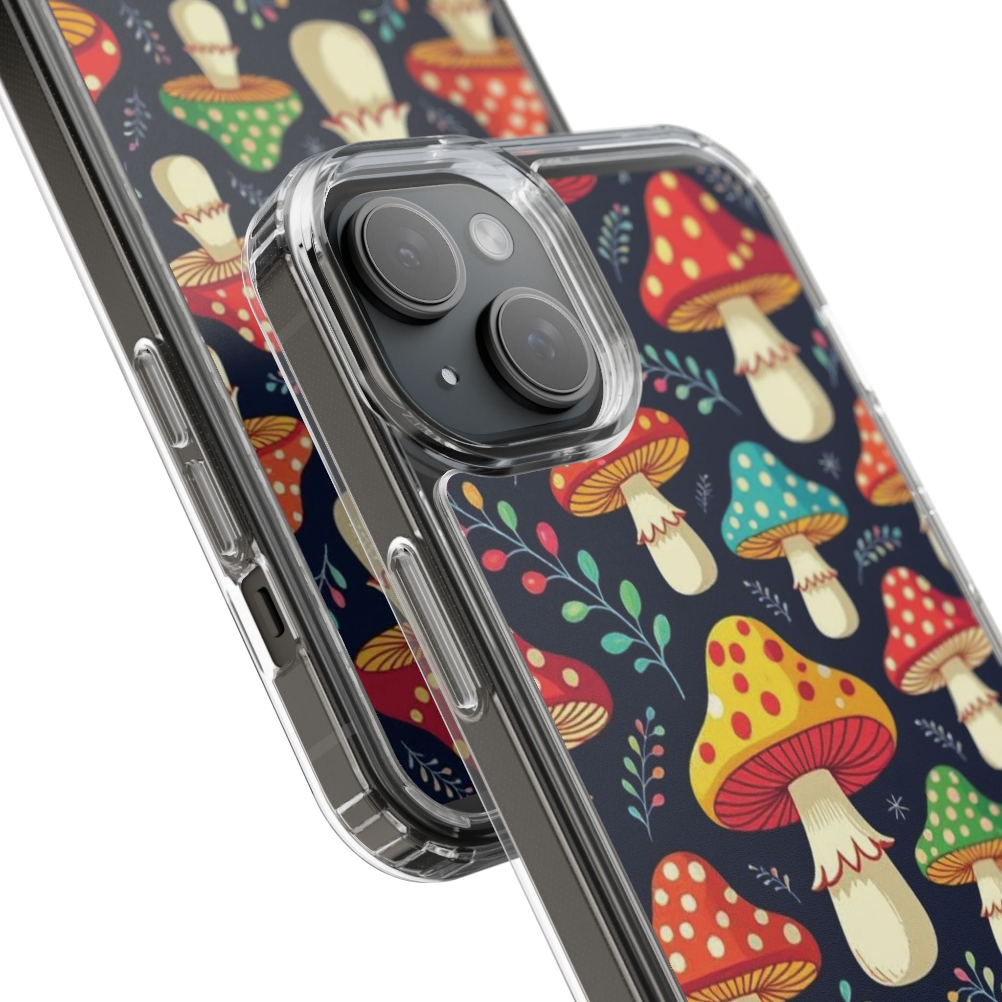 Phone Case: Mushroom Pattern Clear Phone Case — Colorful Toadstool Floral Design