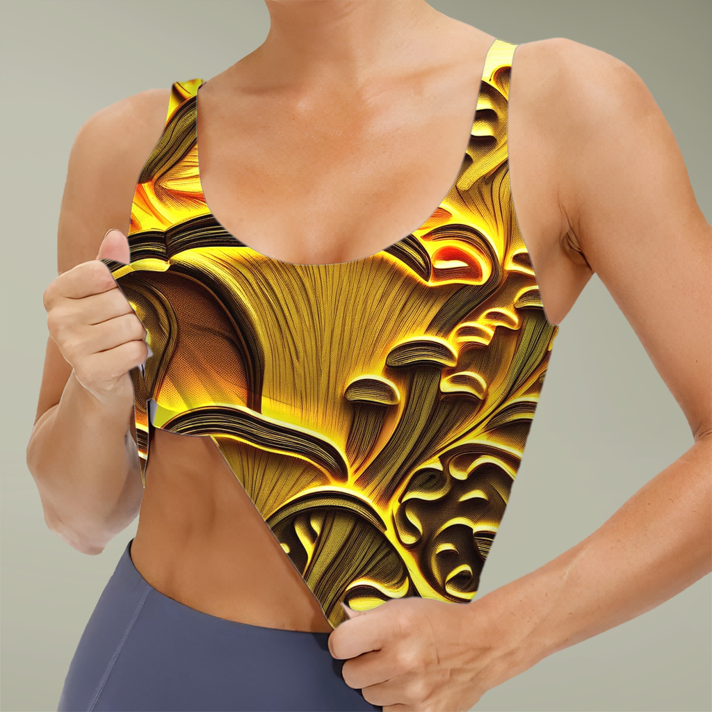 Gold Baroque Sports Bra — Ornate Metallic Floral All-Over Print