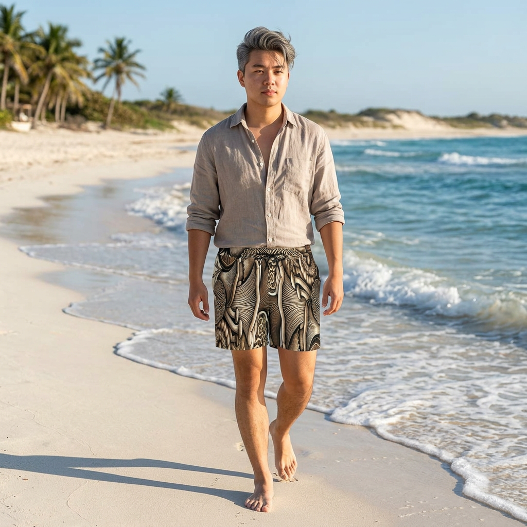 Mushroom Forest Swim Shorts — Botanical Psychedelic Men's Beach Trunks