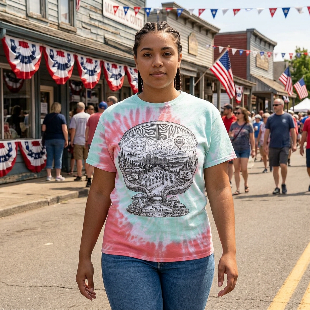 Tie-Dye T-Shirt — Vintage Mushroom Skull Scenic Print (Farmers Market Map)