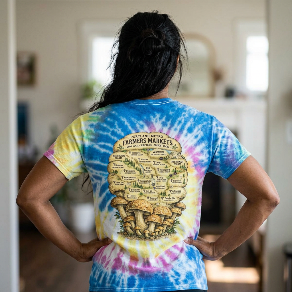 Tie-Dye T-Shirt — Vintage Mushroom Skull Scenic Print (Farmers Market Map)