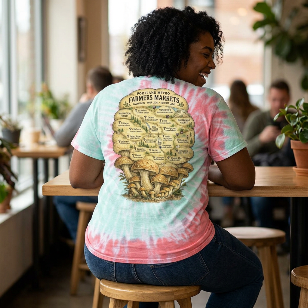 Tie-Dye T-Shirt — Vintage Mushroom Skull Scenic Print (Farmers Market Map)