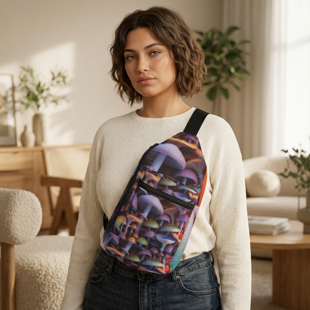 Sling Bag: Psychedelic Mushroom Sling Bag — Colorful Trippy Fungi Crossbody