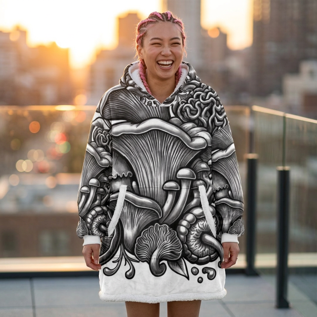 Mushroom Forest Hooded Blanket — Black & White Fungi Illustration Cozy Throw