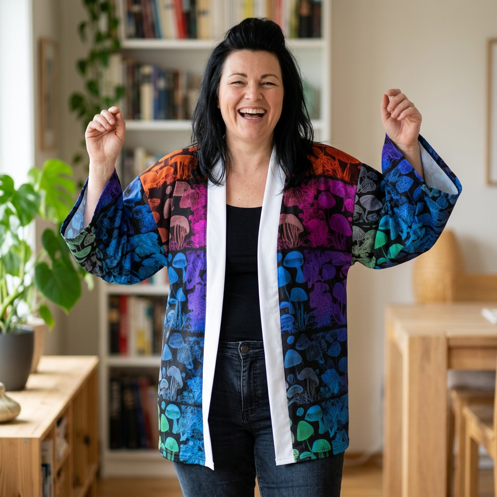 Kimono Robe: Mushroom Gradient Kimono Robe — Colorful Psychedelic Mushroom Print