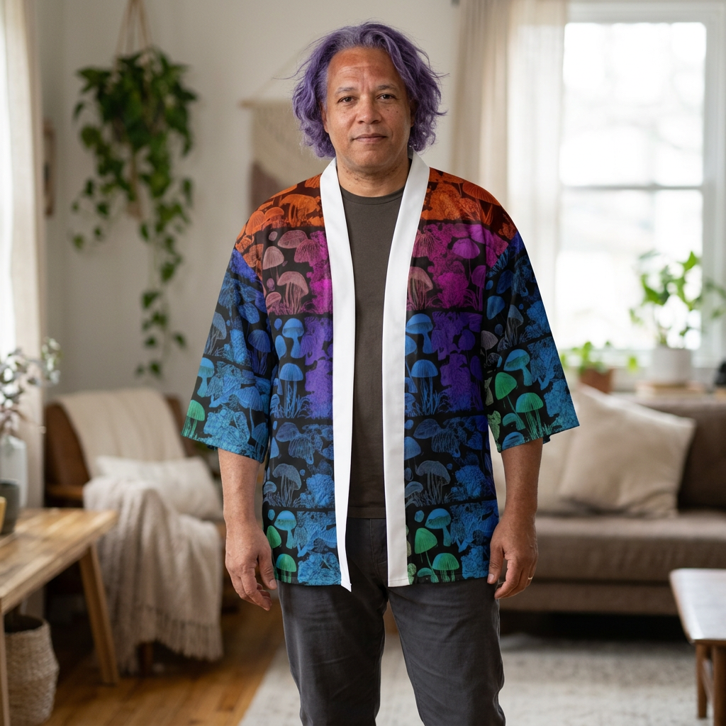 Kimono Robe: Mushroom Gradient Kimono Robe — Colorful Psychedelic Mushroom Print