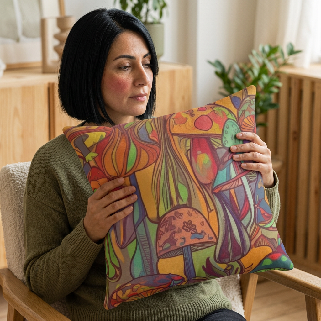 Pillow: Vibrant Mushroom Art Pillow - Boho Home Decor, Cozy Throw Cushion, Gift for Nature Lovers, Colorful Cushions for Living Room