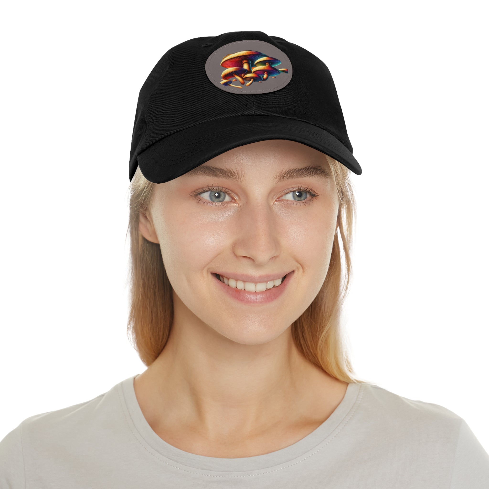 Mushroom Patch Dad Hat — Colorful Psychedelic Fungi Leather Patch Cap