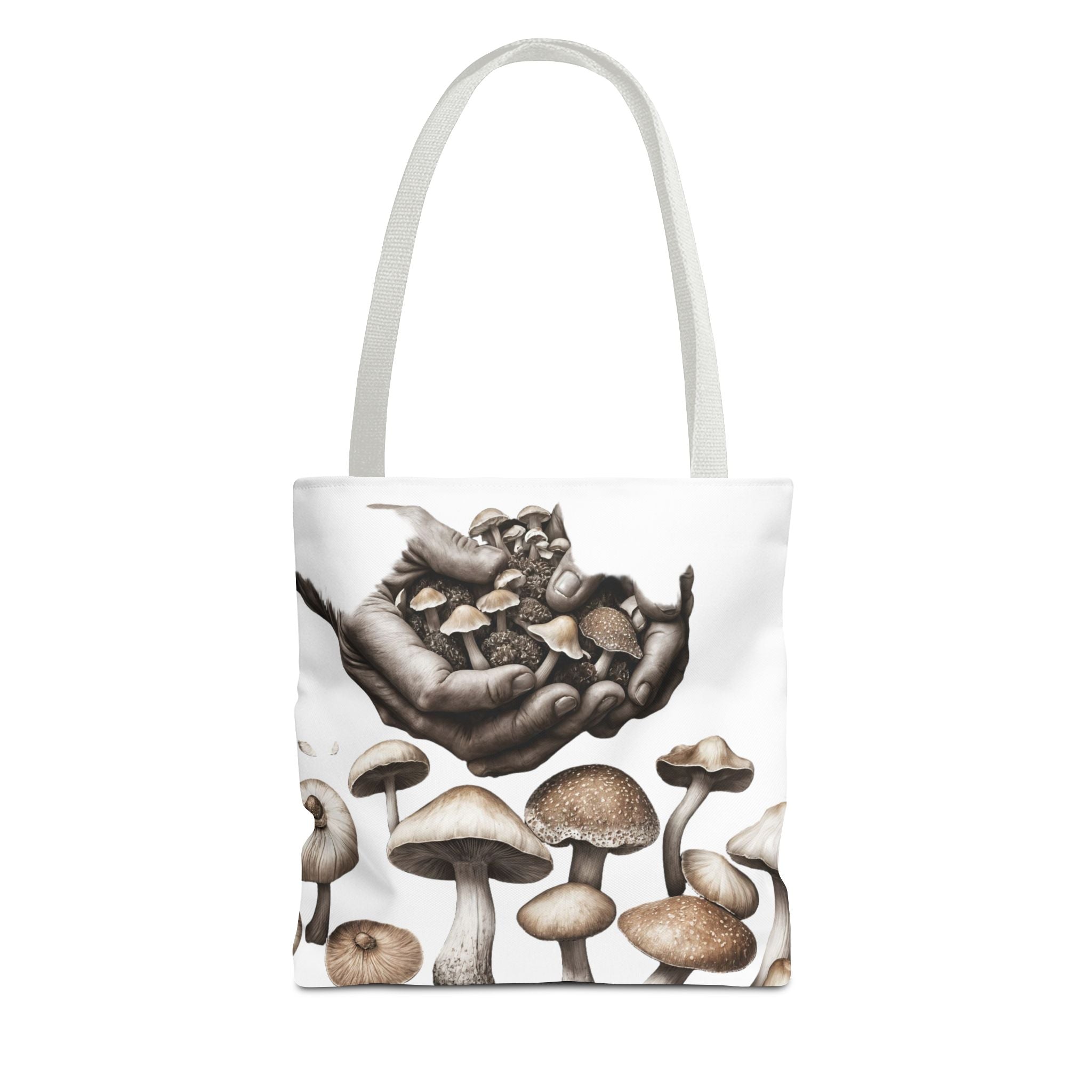 Mushroom Garden Tote Bag — Hand-Held Fungi Illustration All-Over Print