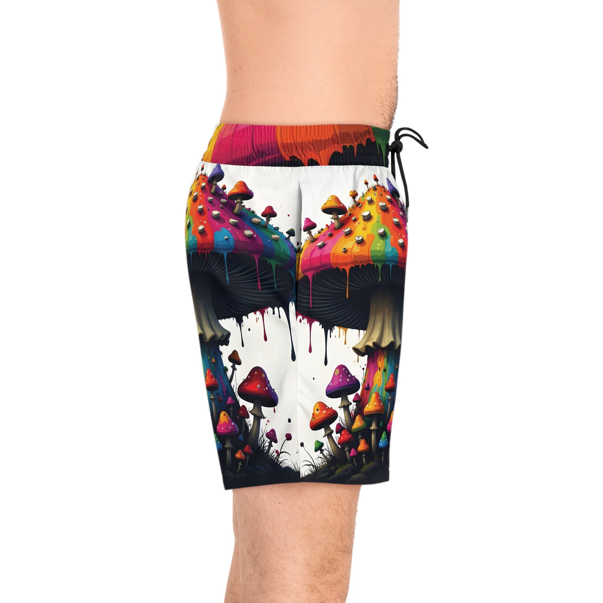 Psychedelic Rainbow Mushroom Swim Shorts — Men's Mid-Length Beach Trunks