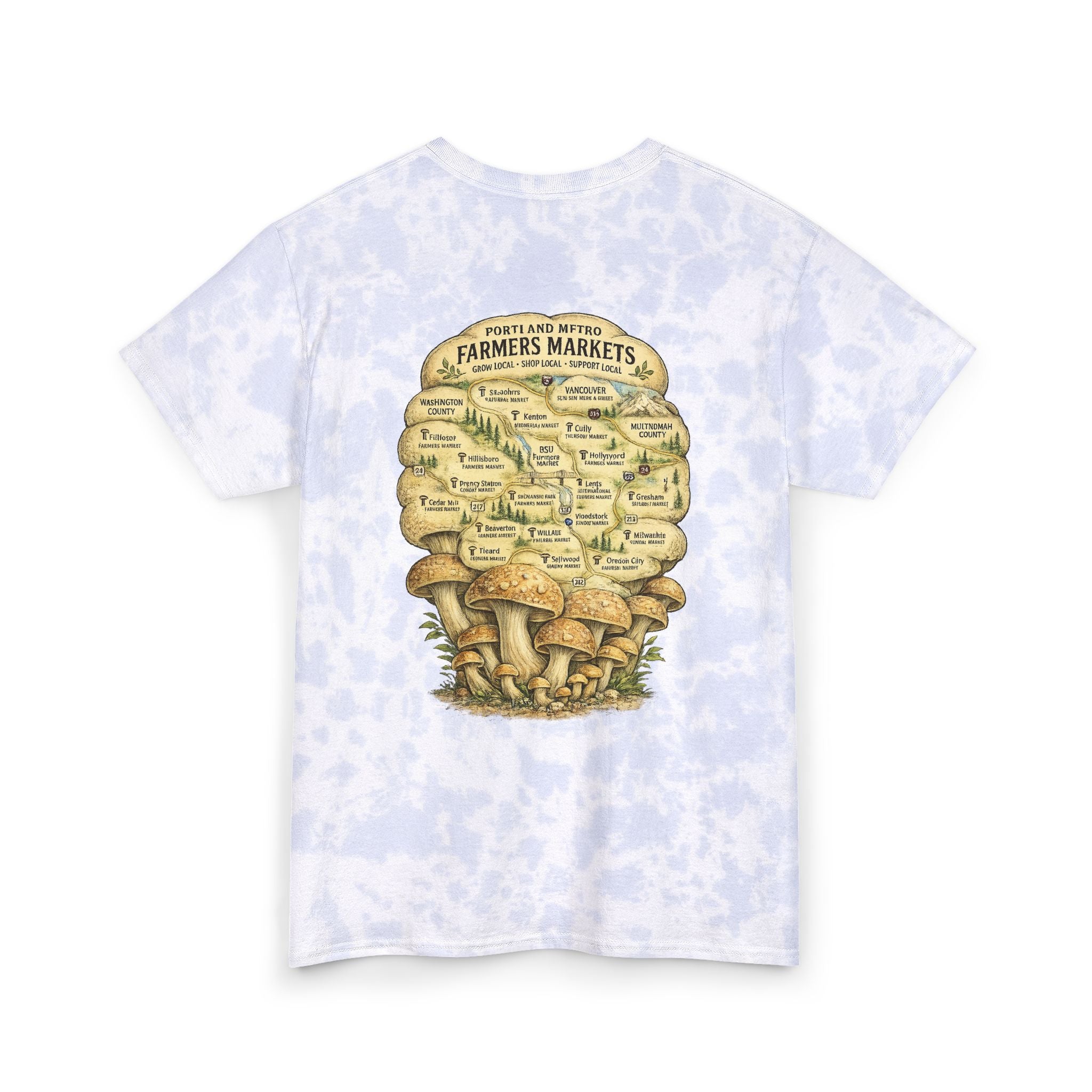 T-Shirt: Tie Dye Tee — Scenic Skull Illustration | Farmers Market Mushroom Map