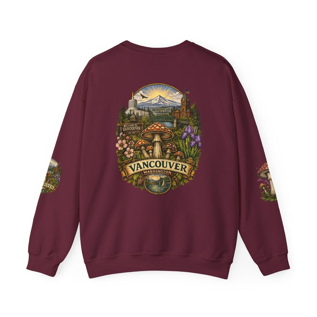 City:  Vancouver Crewneck Sweatshirt — Scenic Pacific Northwest Fungi Design