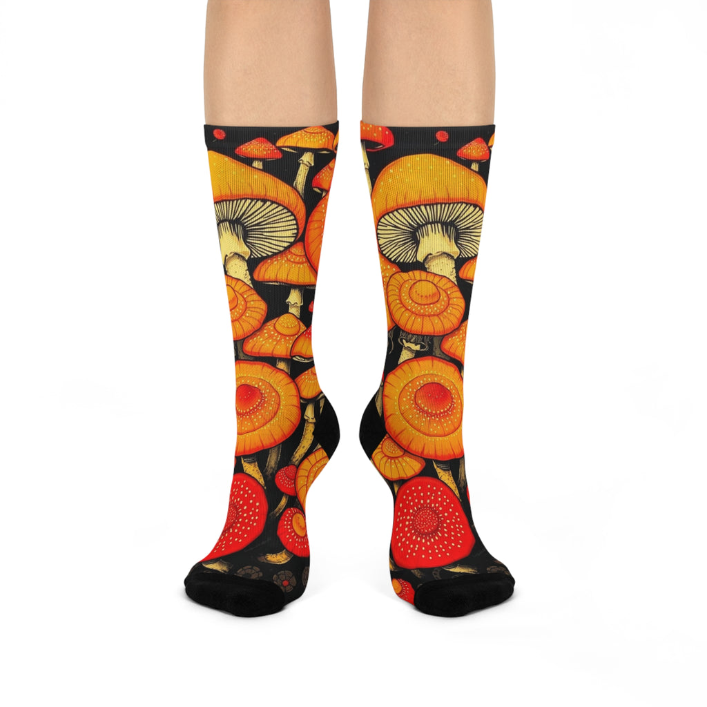 Socks: Mushroom Pattern Cushioned Crew Socks - Orange Fungi Graphic