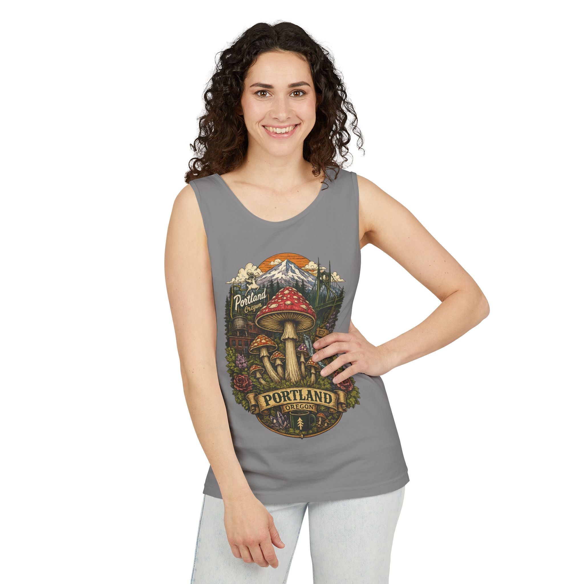 City: Portland Mushroom Tank Top — Vintage Forest Travel Graphic