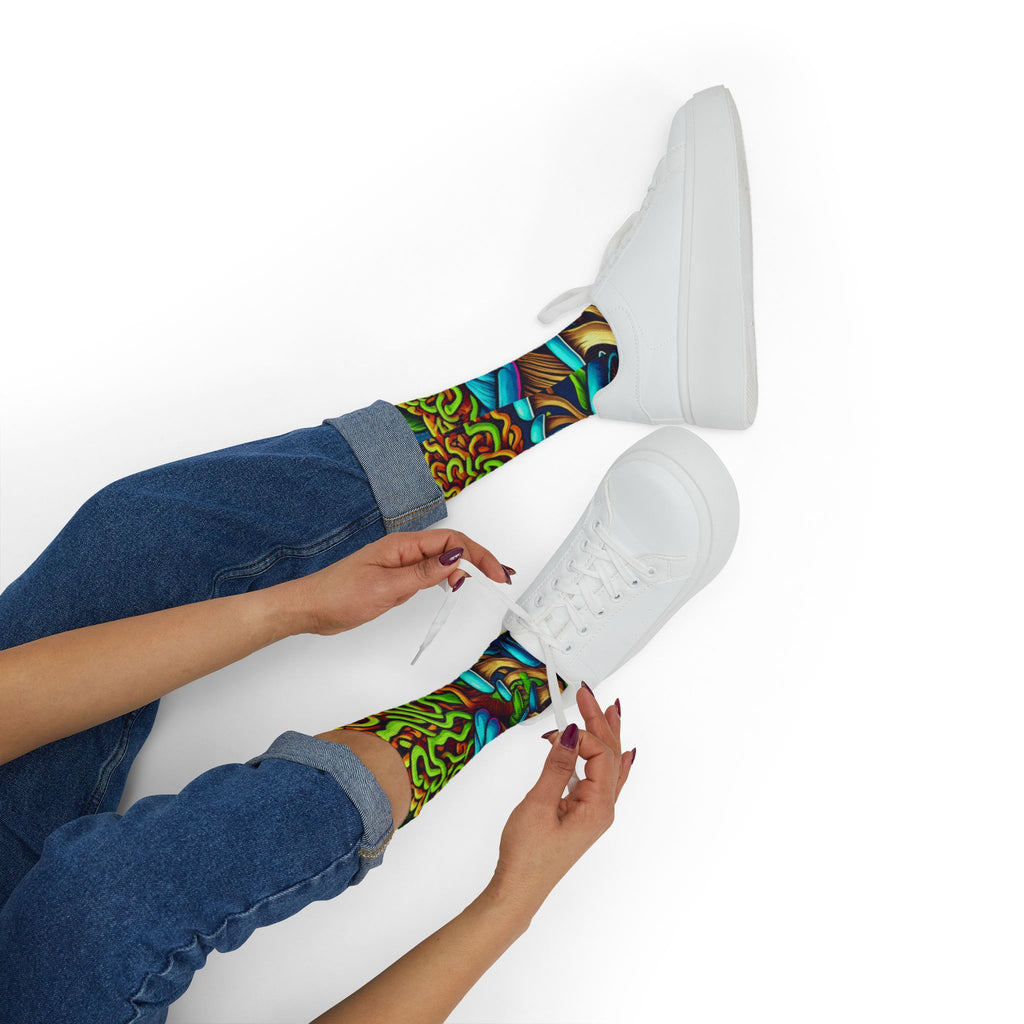 Socks: Psychedelic Mushroom Socks — Vibrant Green Fungi Sublimation Crew Socks