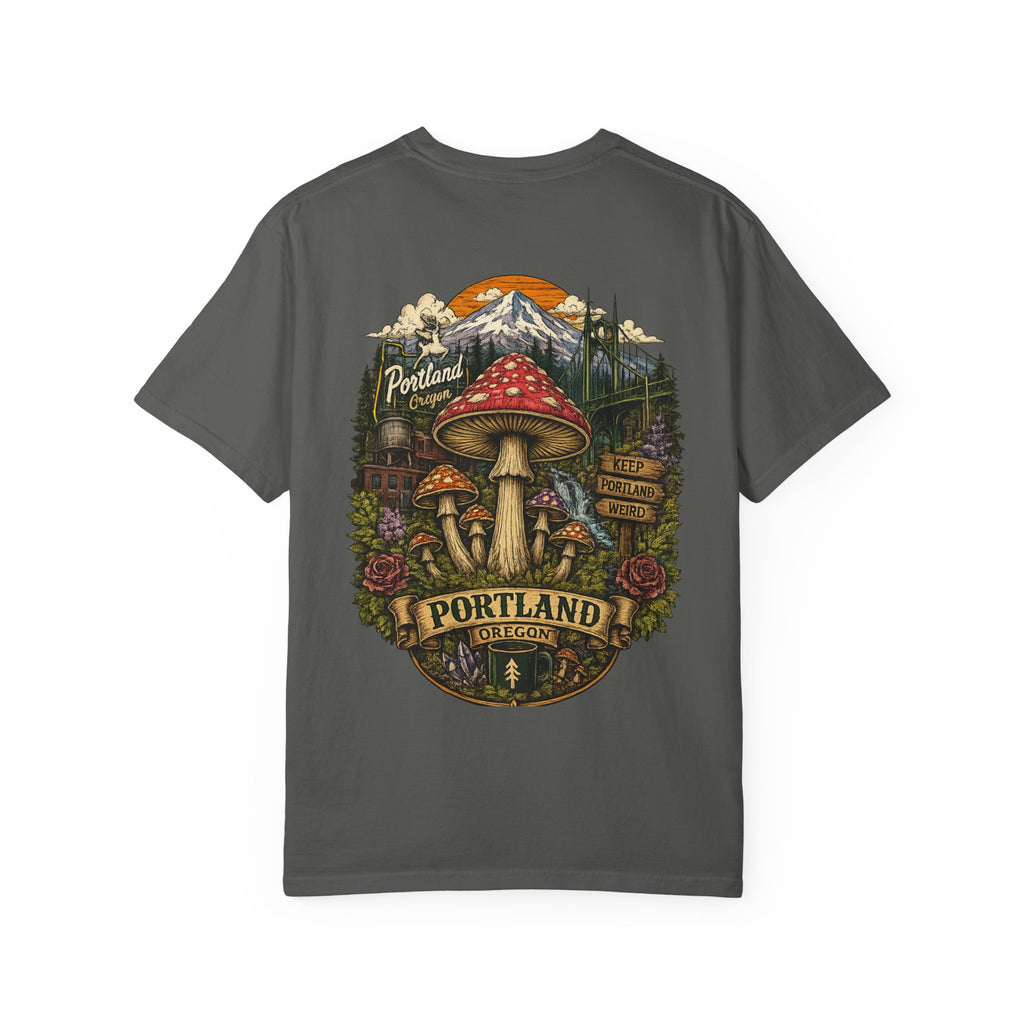 City: Portland Mushroom Graphic T-Shirt — Vintage Forest Amanita Design