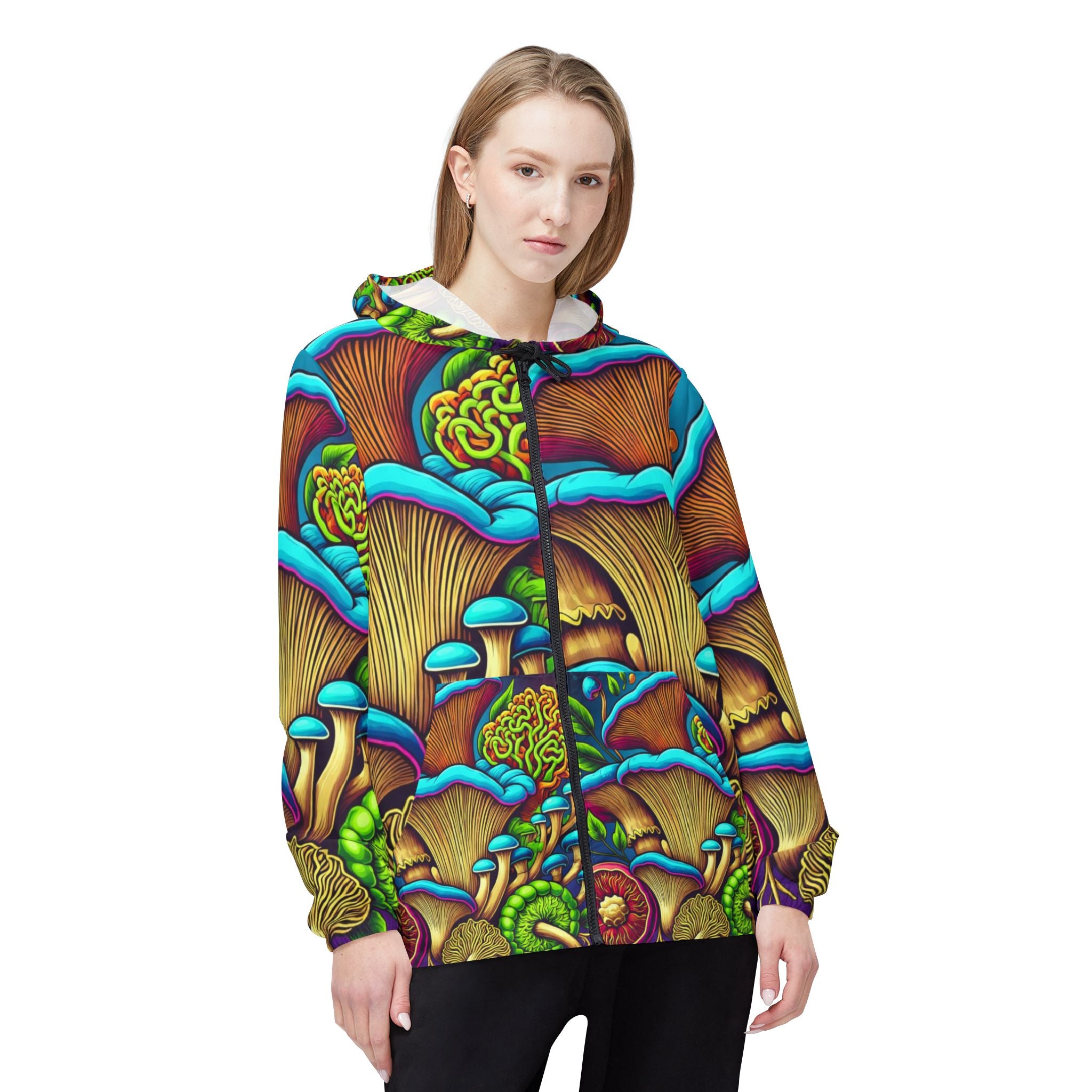Psychedelic Mushroom Print Windbreaker Jacket — Vibrant All-Over Fungi Design