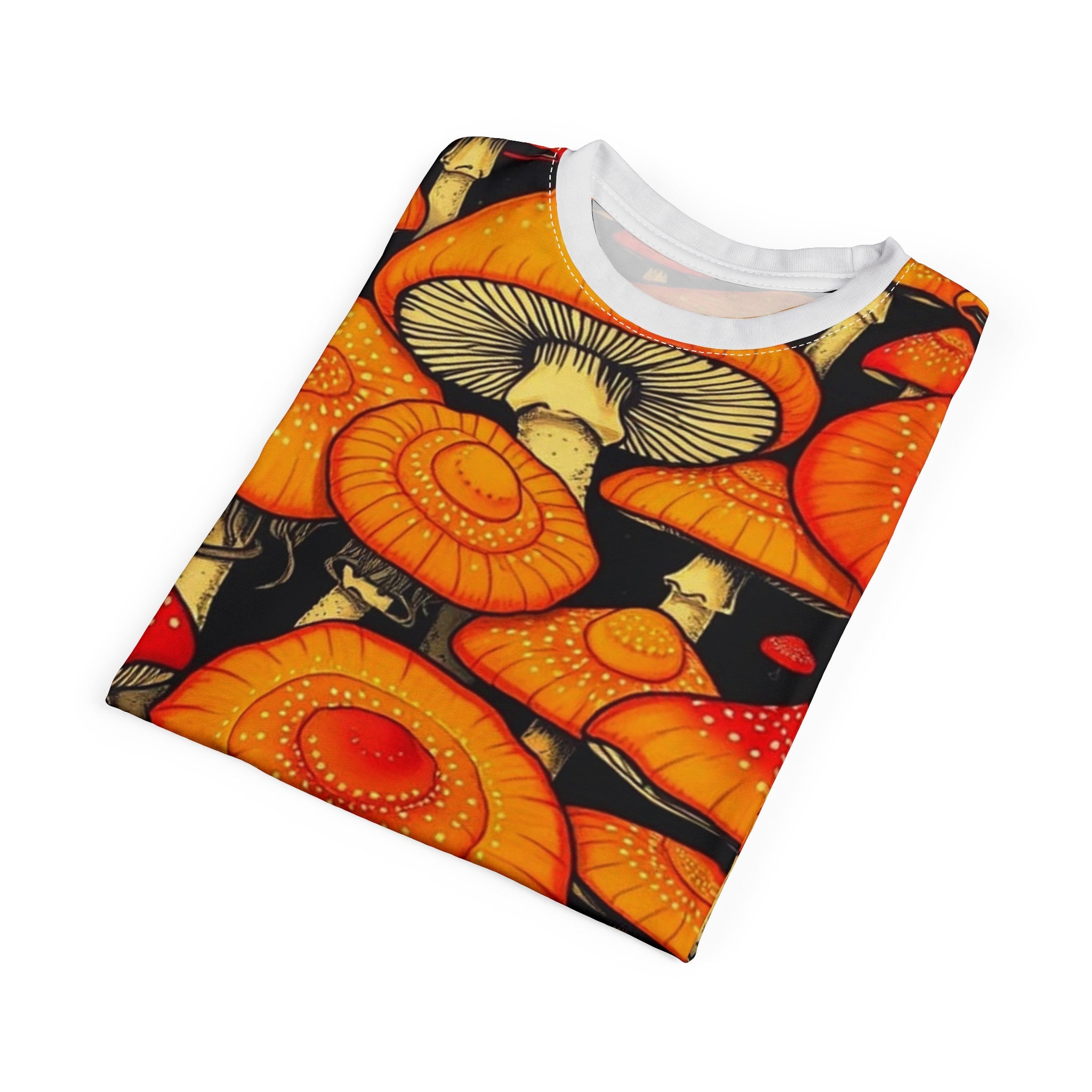 Camiseta con estampado completo de hongos psicodélicos anaranjados