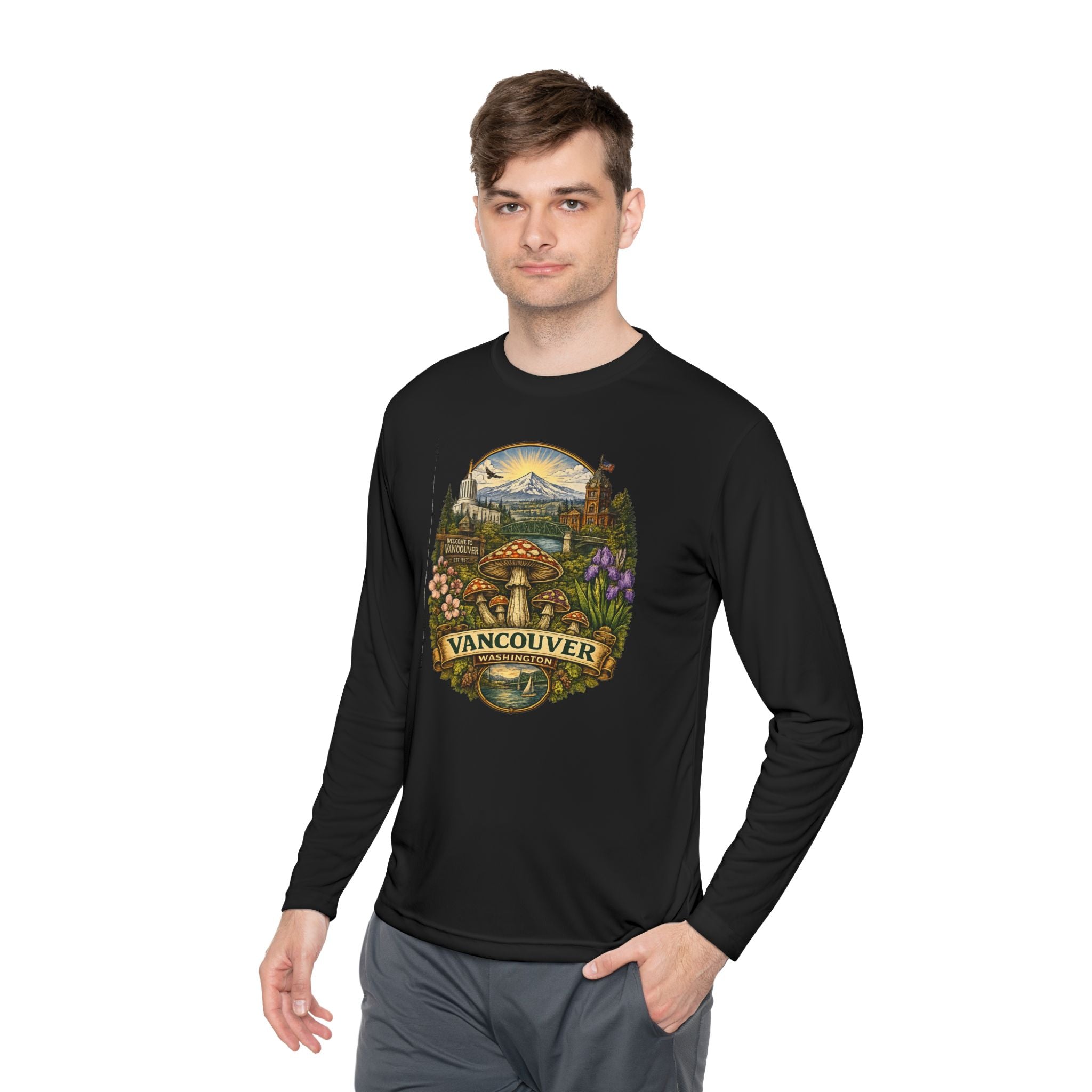 Vancouver Nature Long Sleeve Tee — Scenic Mountains & Mushroom Art