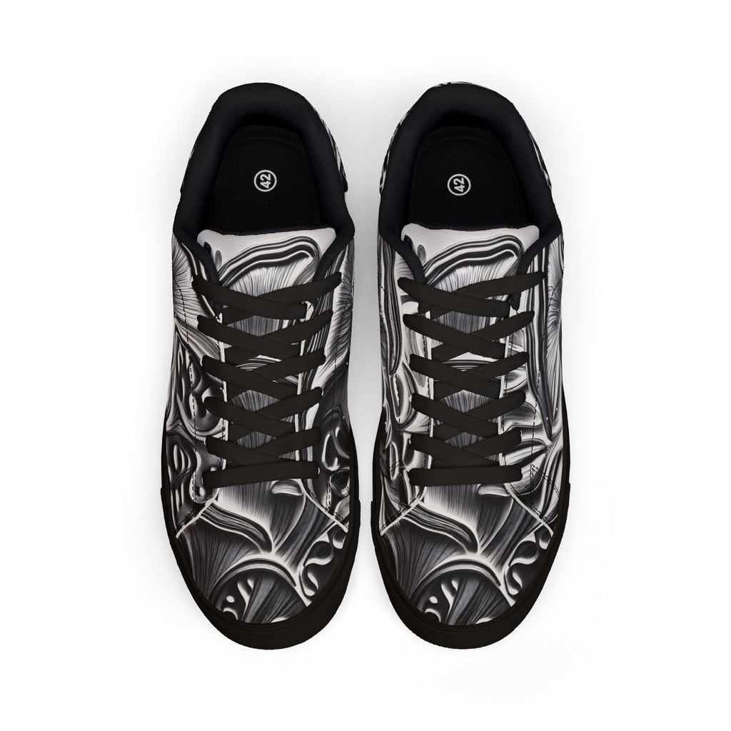 Men's Low-Top Leather Sneakers — Monochrome Abstract Swirl Design
