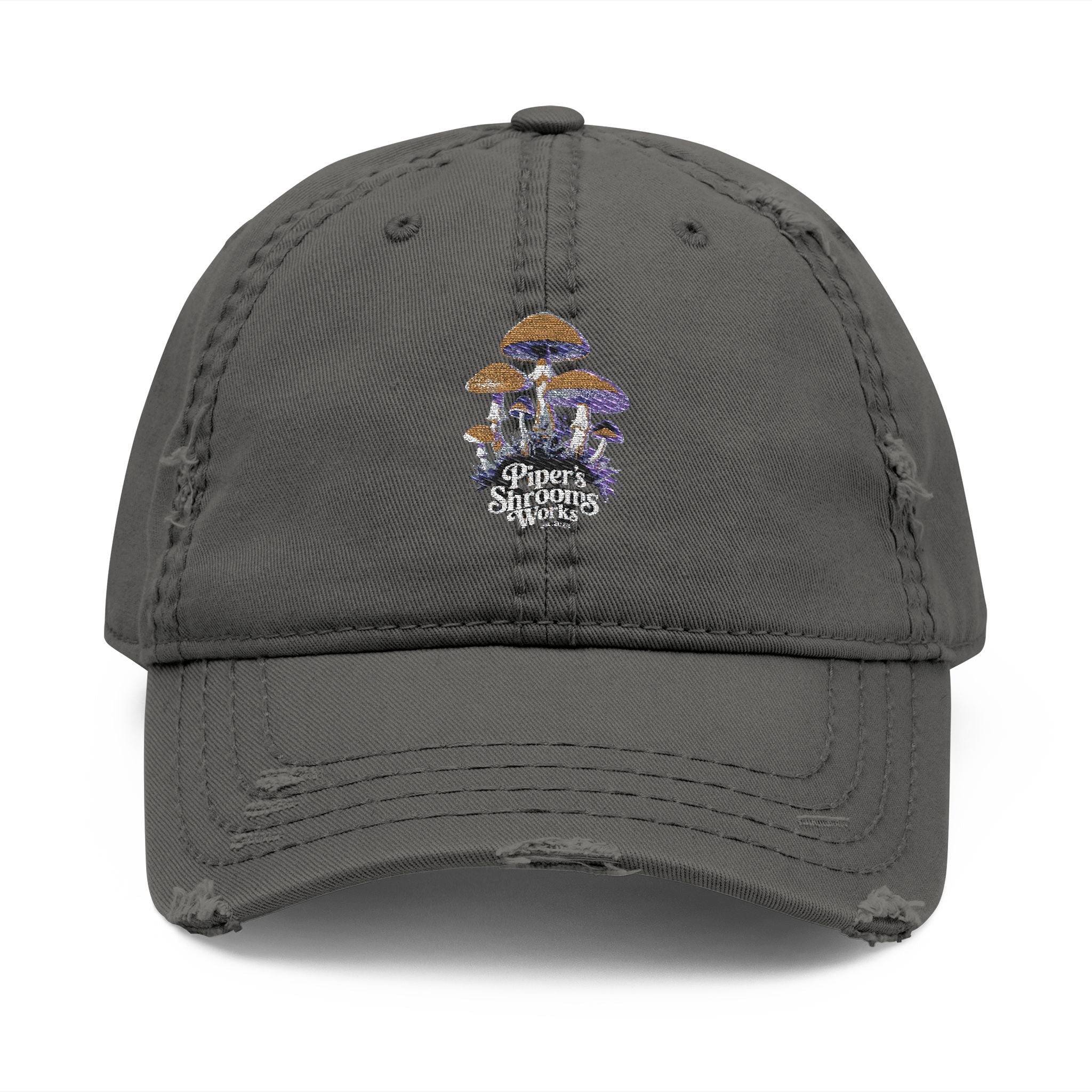 Embroidered Mushroom Skull Distressed Dad Hat — Vintage Trucker Cap for Mushroom Lovers
