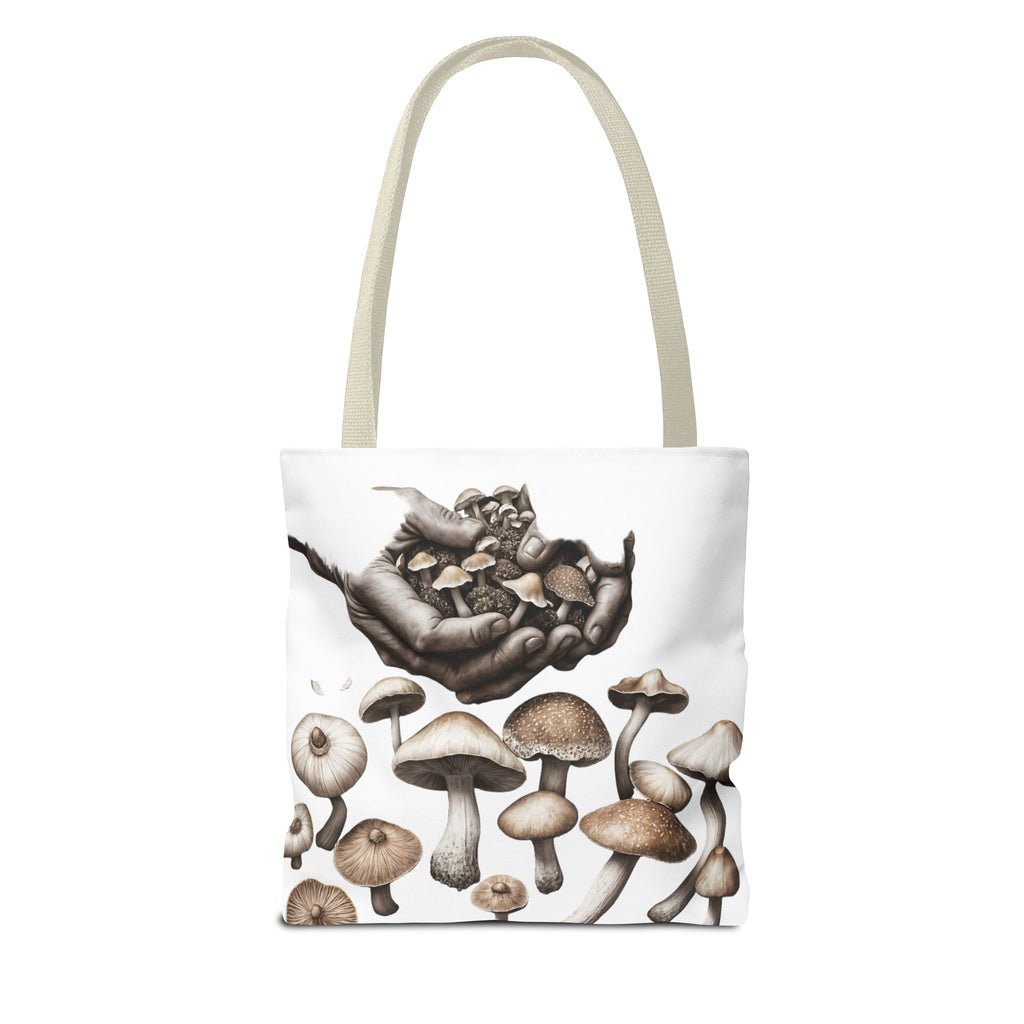 Mushroom Garden Tote Bag — Hand-Held Fungi Illustration All-Over Print