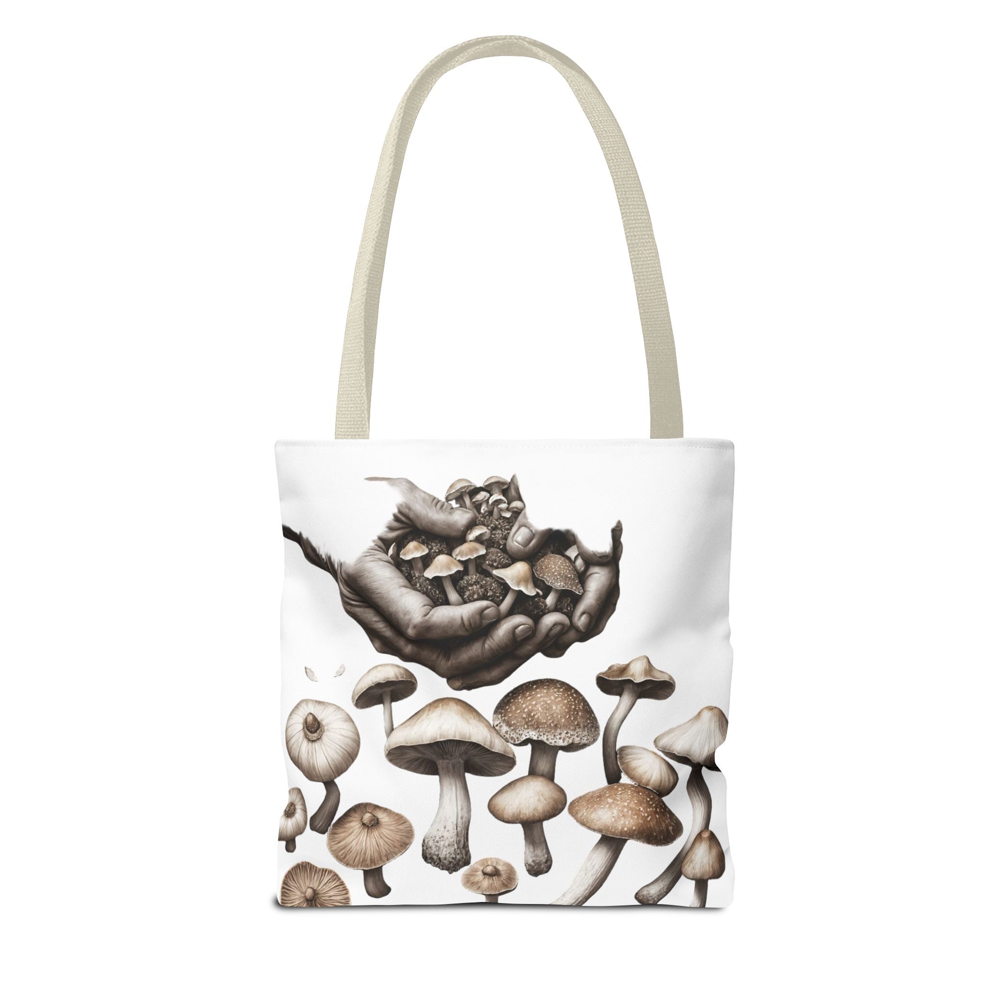 Mushroom Garden Tote Bag — Hand-Held Fungi Illustration All-Over Print