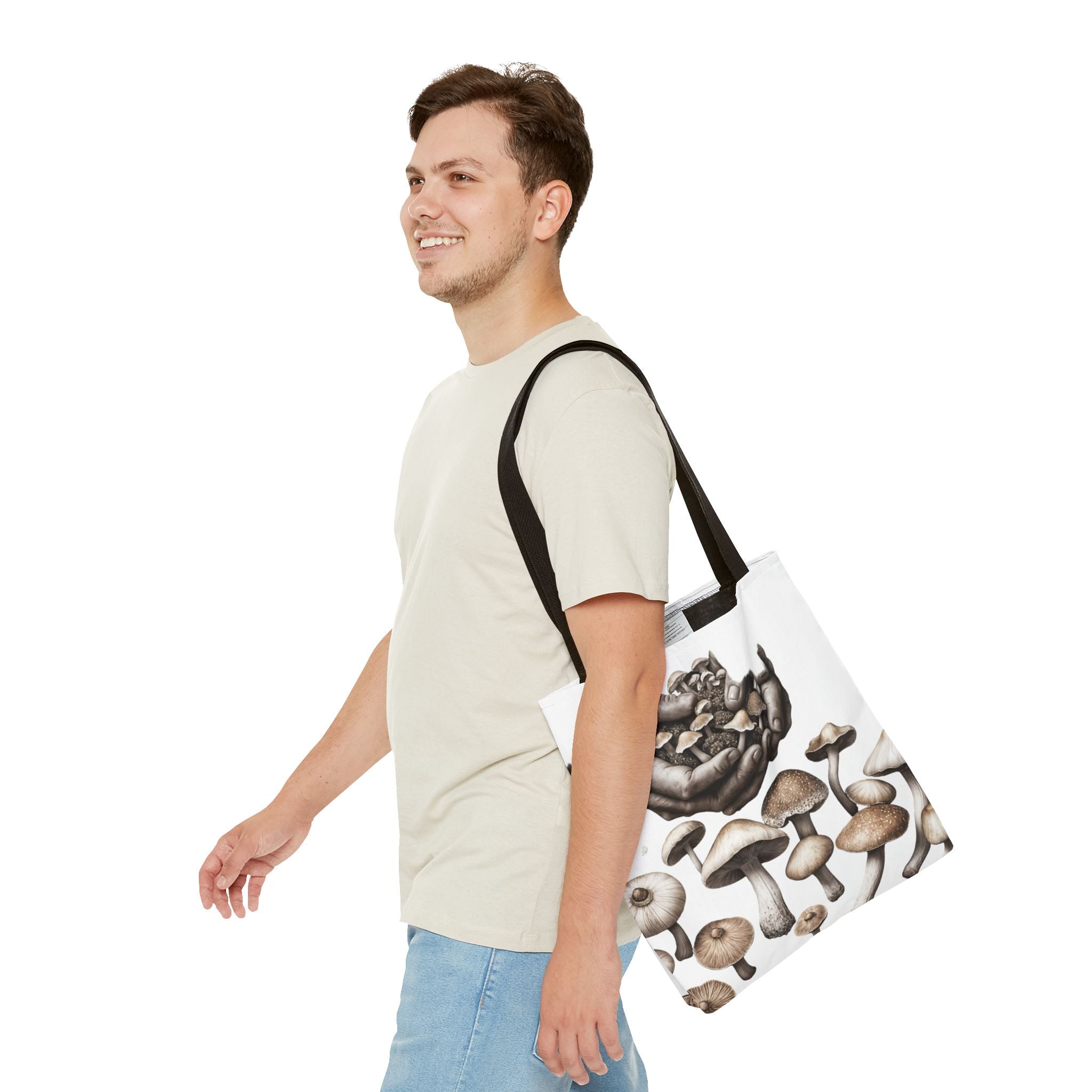 Mushroom Garden Tote Bag — Hand-Held Fungi Illustration All-Over Print