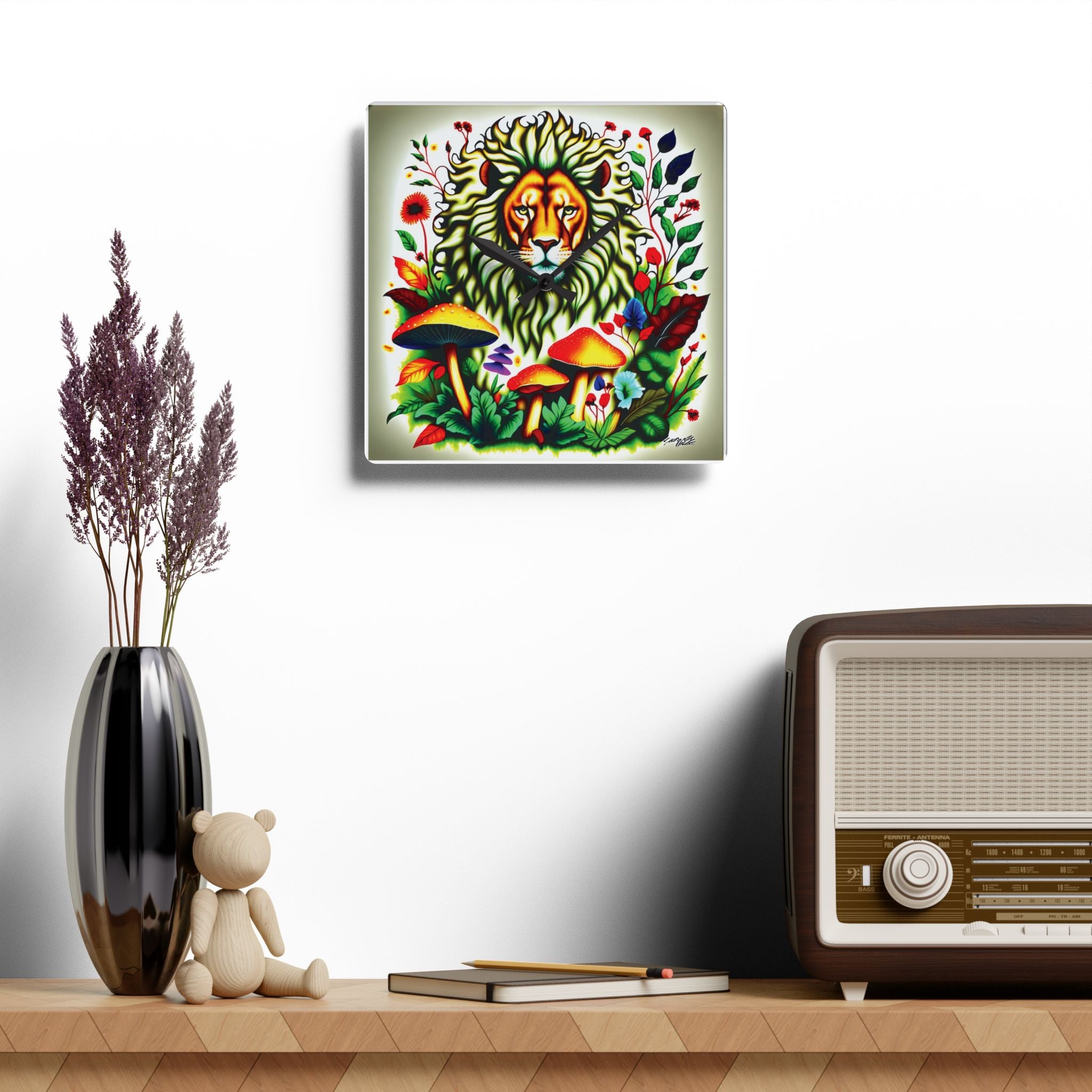 Lion & Mushrooms Acrylic Wall Clock — Colorful Botanical Animal Art