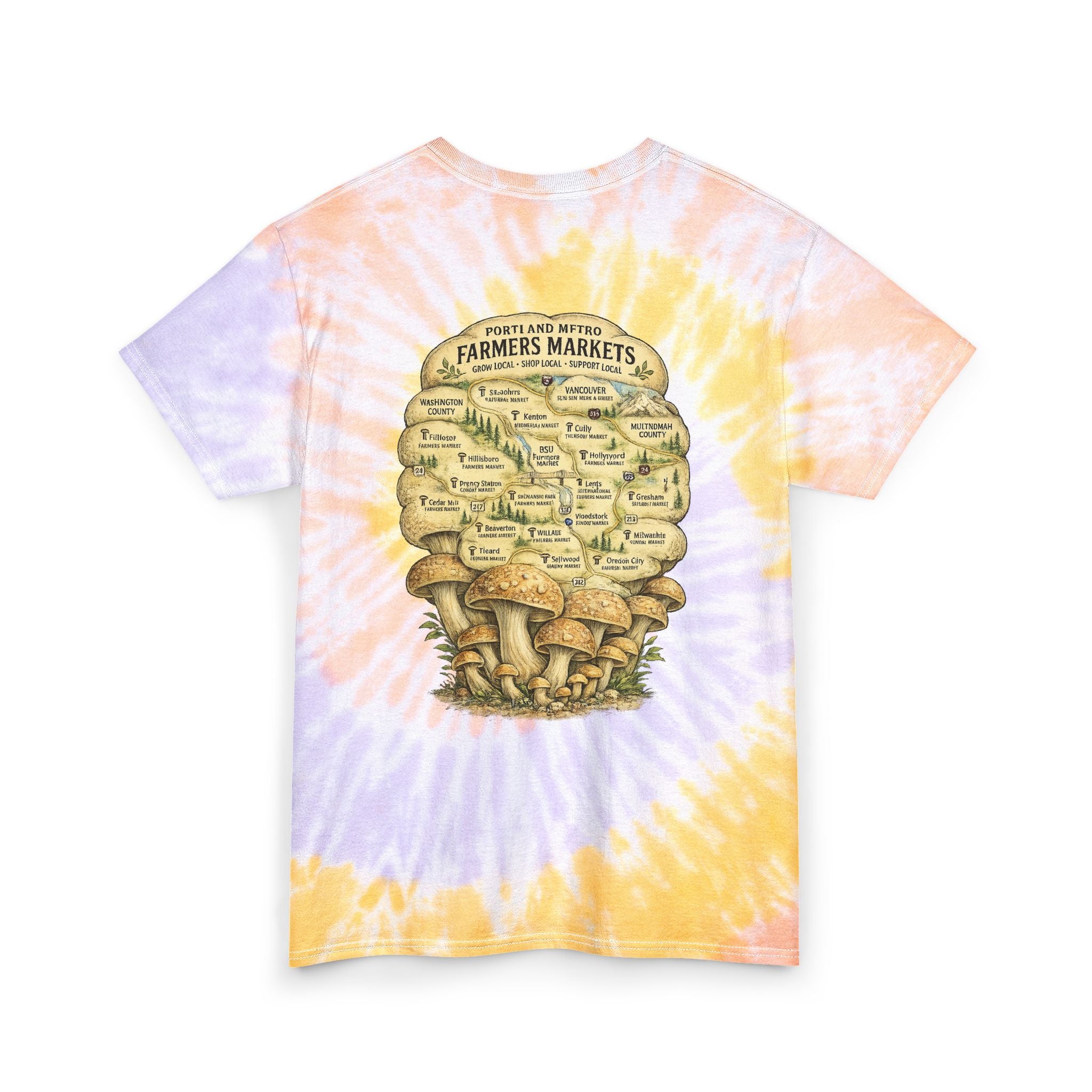 Tie-Dye T-Shirt — Vintage Mushroom Skull Scenic Print (Farmers Market Map)