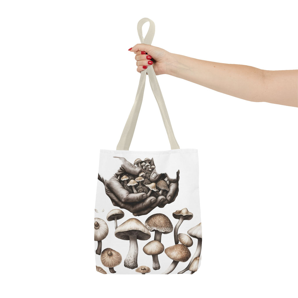 Mushroom Garden Tote Bag — Hand-Held Fungi Illustration All-Over Print