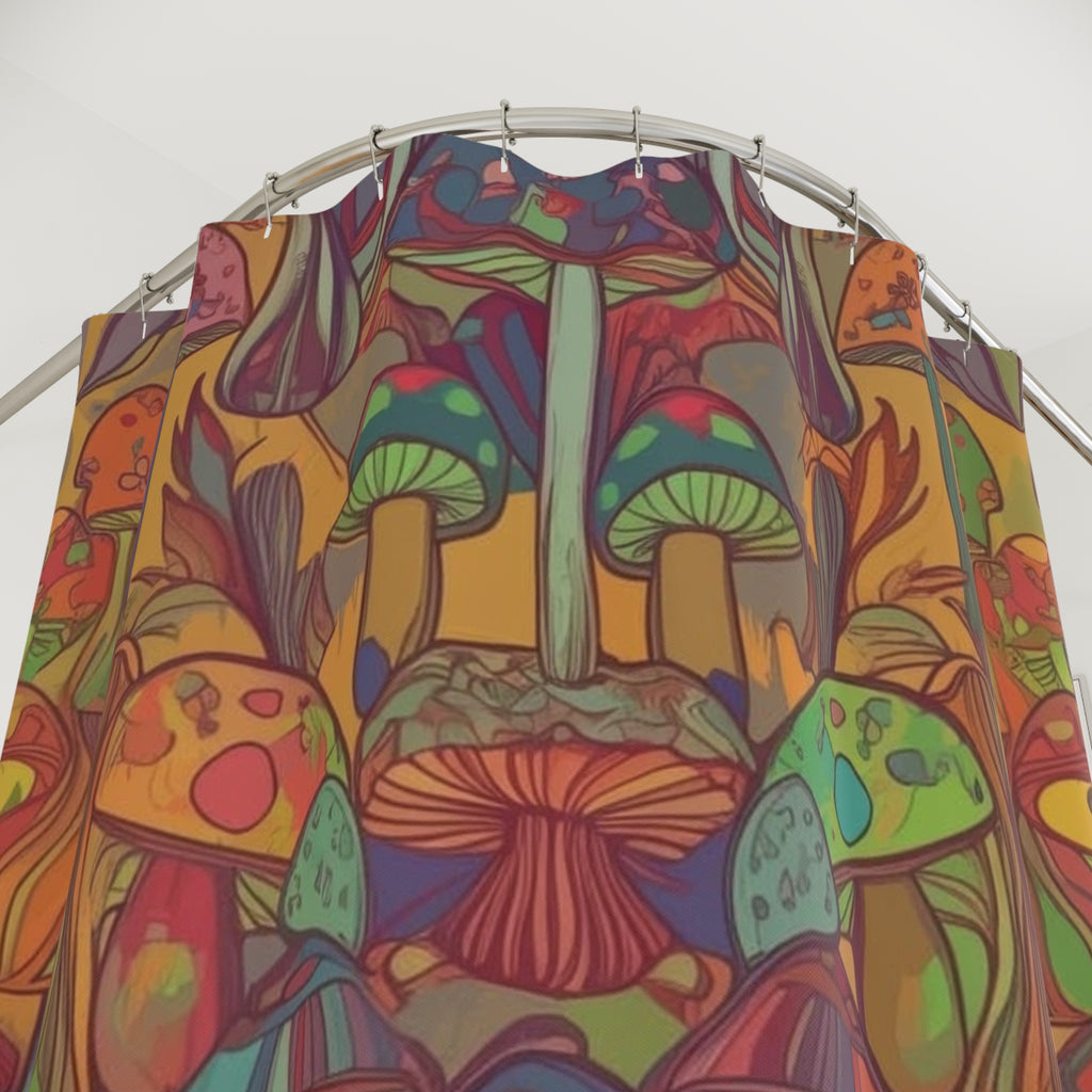 Psychedelic Mushroom Shower Curtain — Colorful Boho Fungi Bathroom Decor