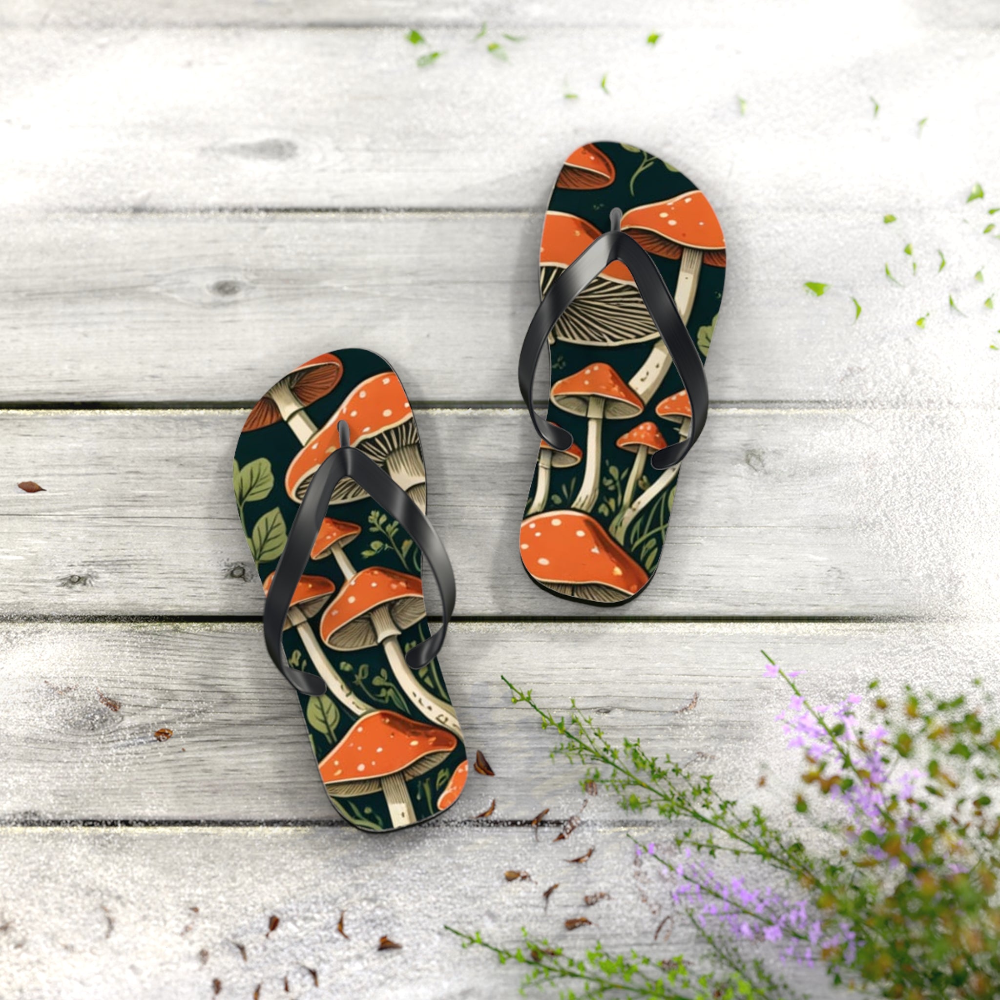 Mushroom Print Flip Flops — Vintage Toadstool Beach Sandals