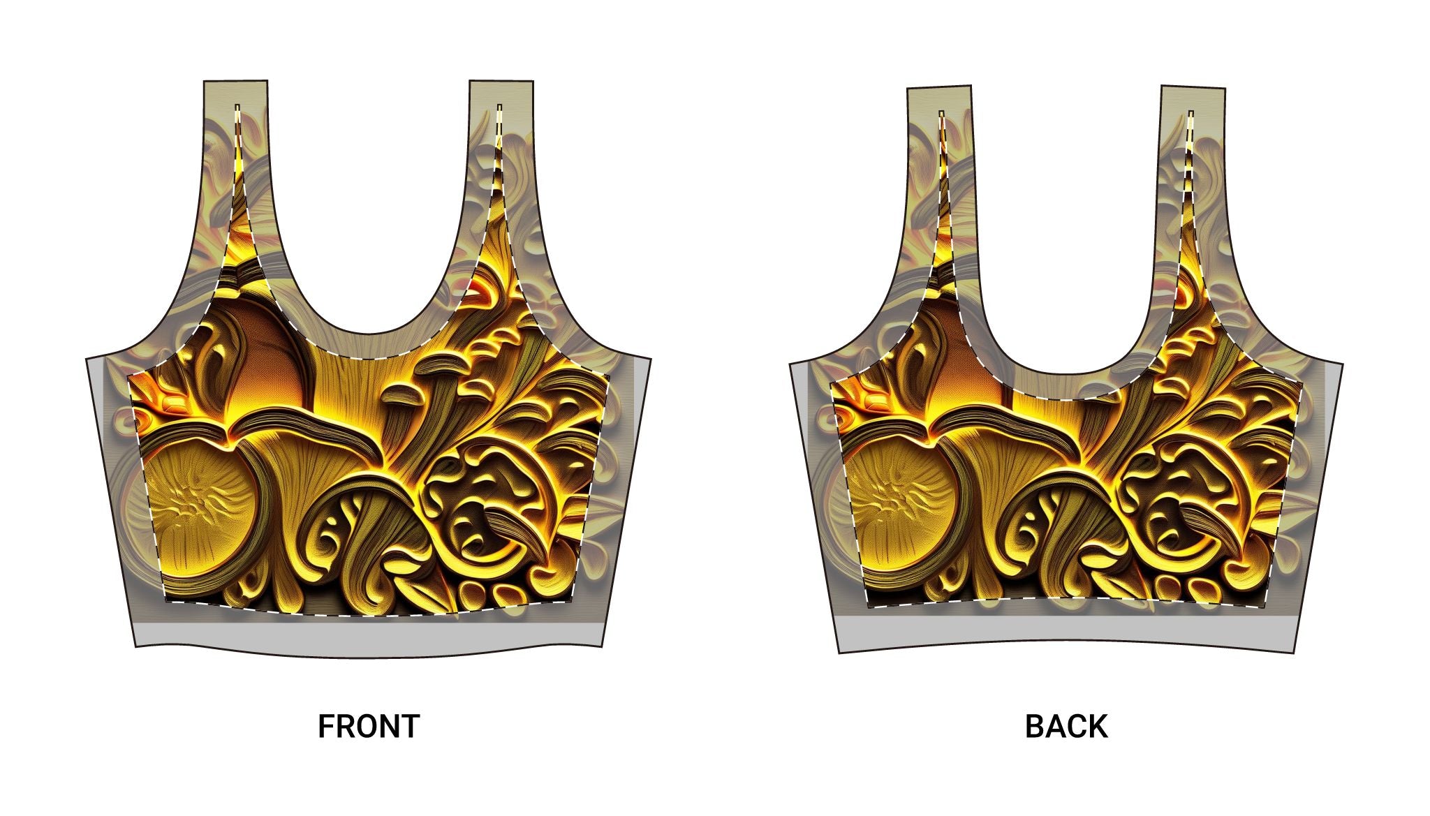 Gold Baroque Sports Bra — Ornate Metallic Floral All-Over Print