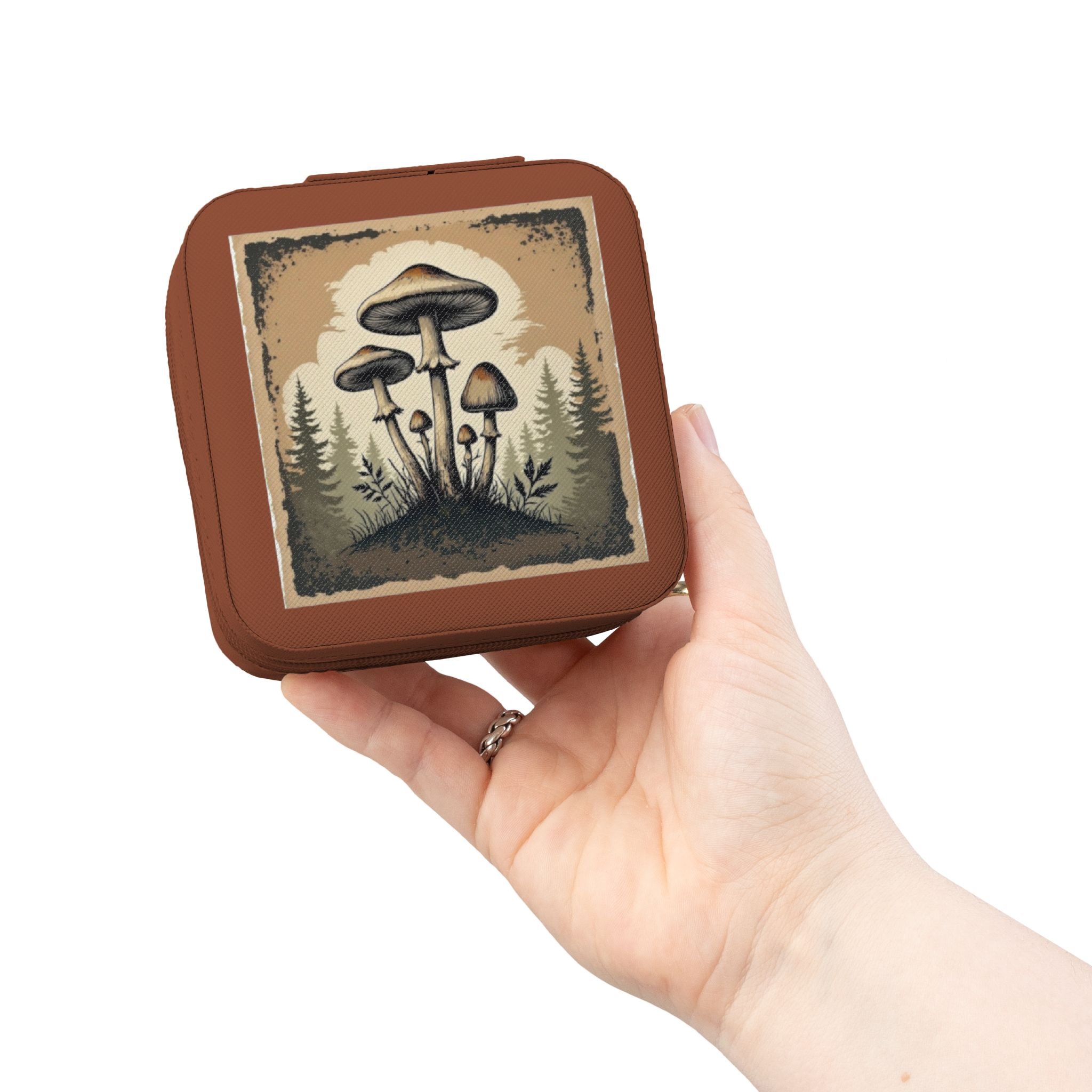 Mushroom Forest Jewelry Travel Case — Compact Velvet-Lined Organizer