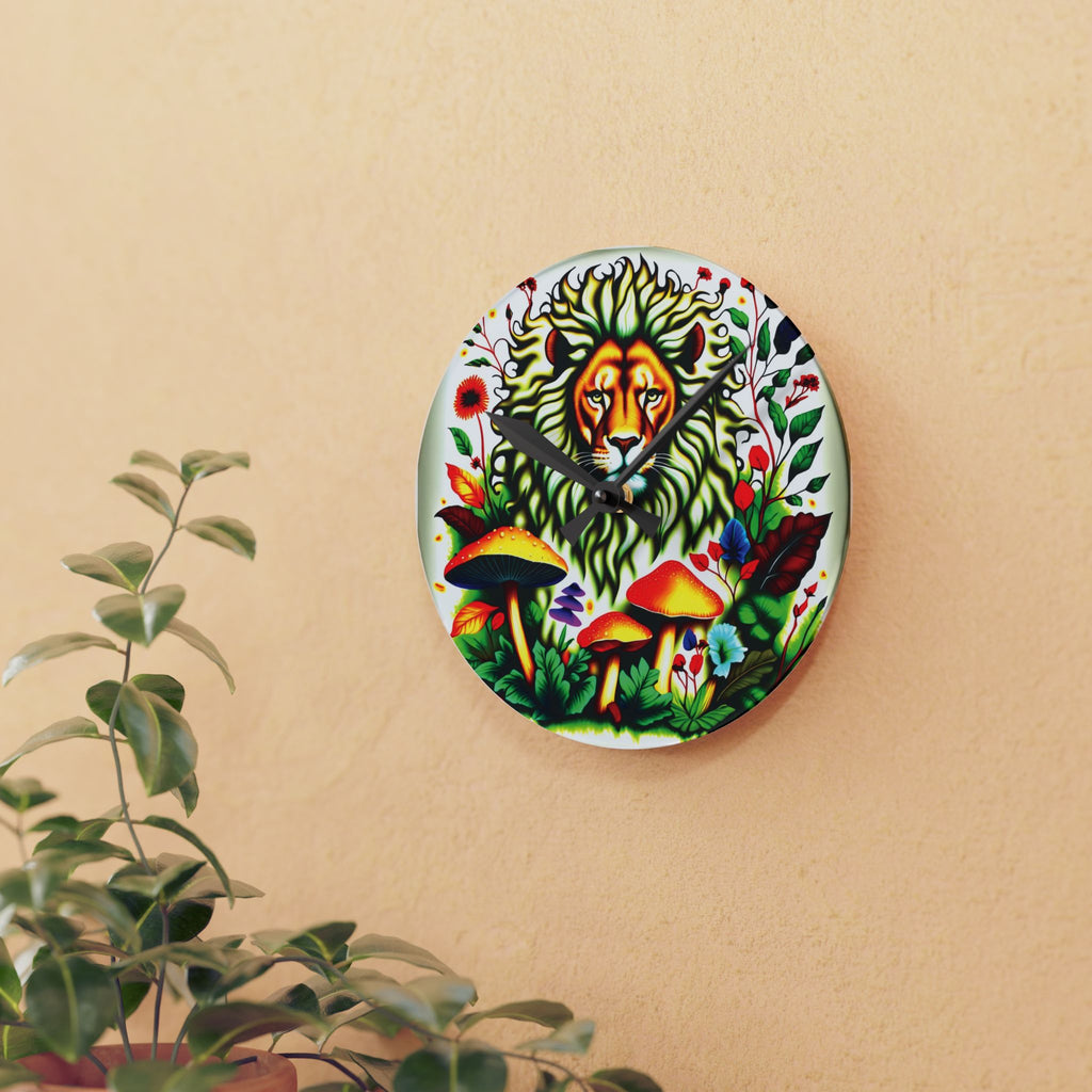 Lion & Mushrooms Acrylic Wall Clock — Colorful Botanical Animal Art