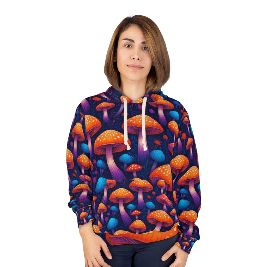 Psychedelic Mushroom Print Hoodie – Neon Orange & Purple All-Over Pullover