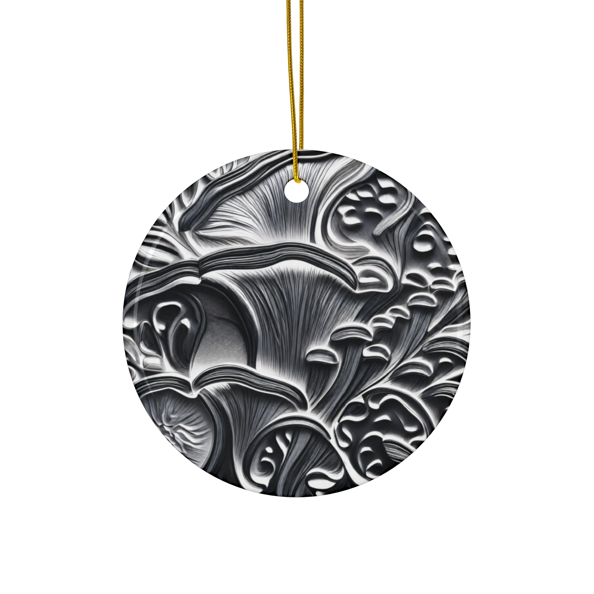 Ceramic Ornament: Black & White Mushroom Ceramic Ornament — Star-Shaped Decorative Holiday Keepsake