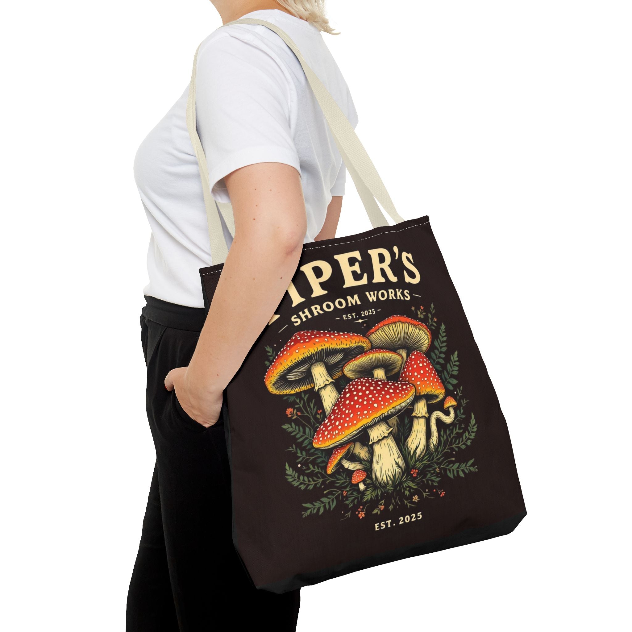 Mushroom Tote Bag — "Piper's Shroom Works" Vintage Fungi Market Shopper