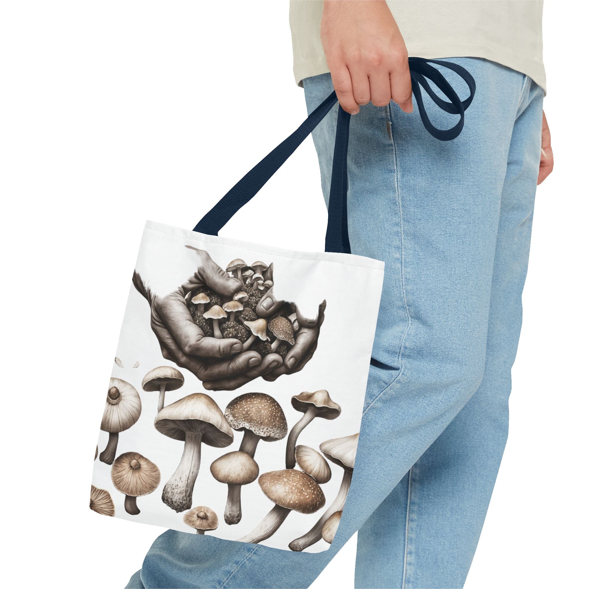 Mushroom Garden Tote Bag — Hand-Held Fungi Illustration All-Over Print