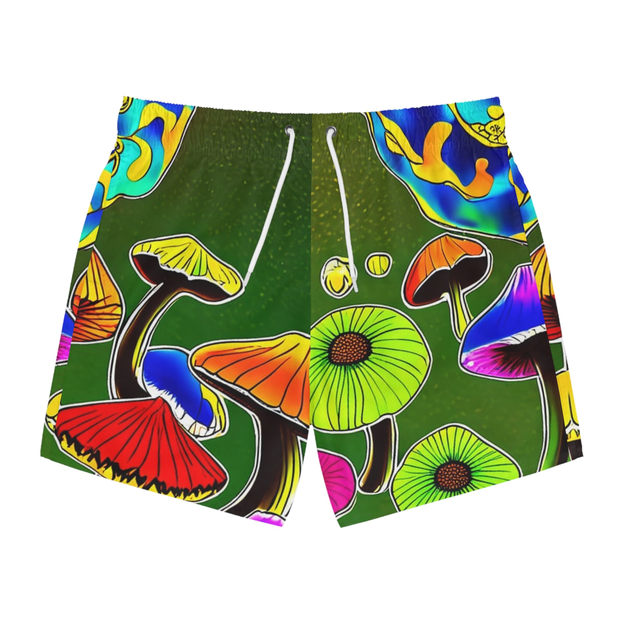 Psychedelic Mushroom Swim Trunks – Rainbow Fungi All-Over Print Beach Shorts